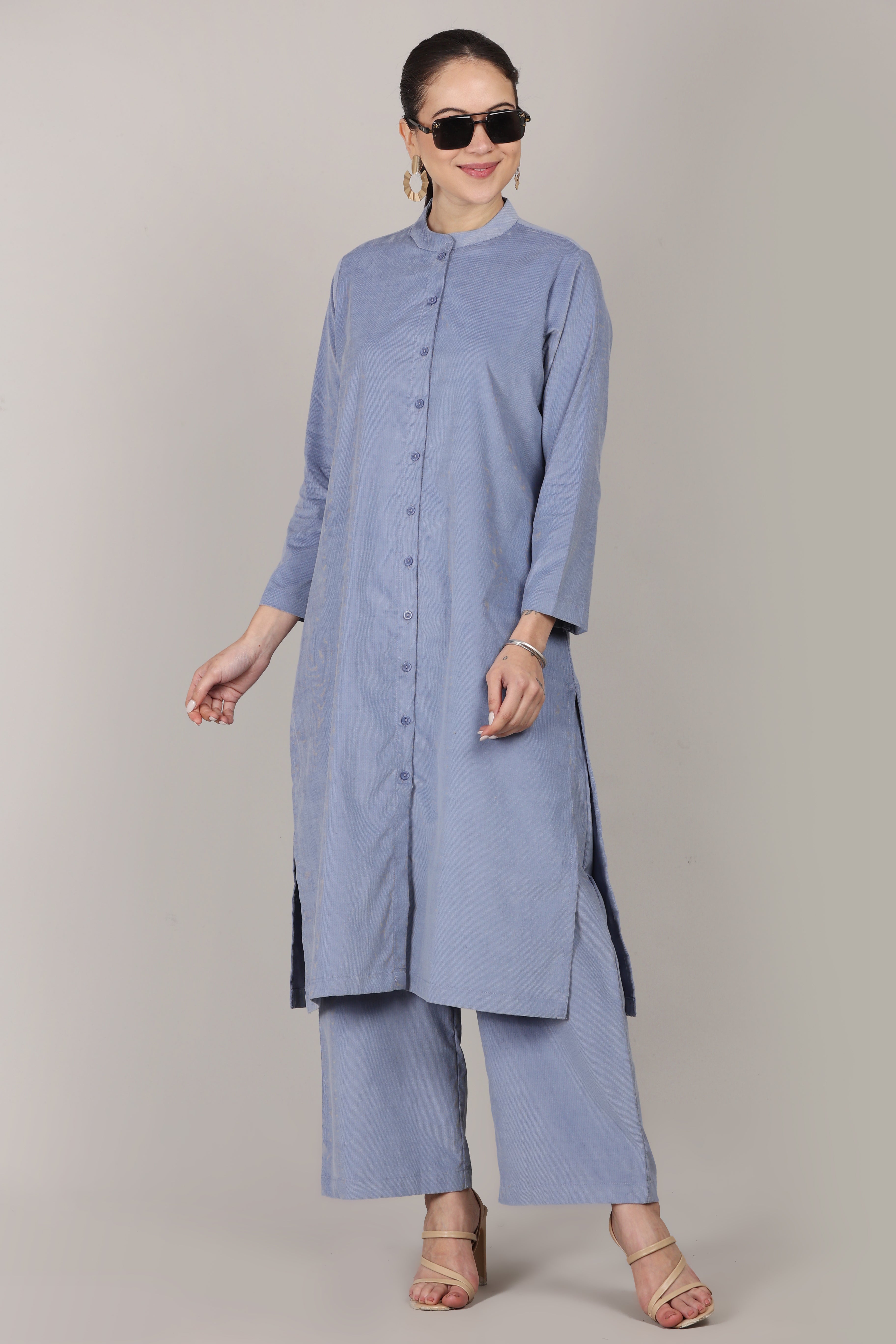 Forever Blue Corduroy Solid Straight-Fit Cotton Kurta Pant Co-ord Set