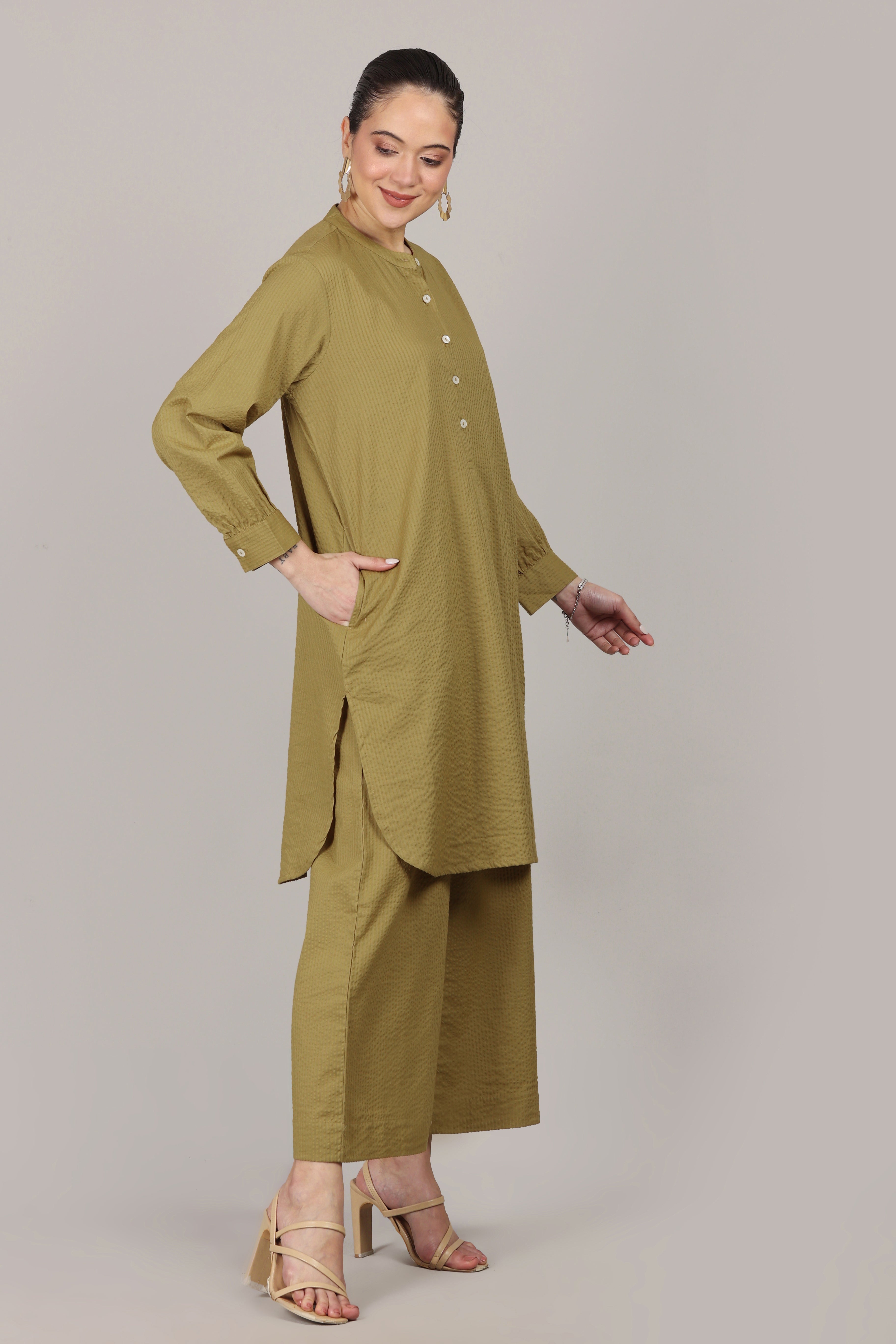 Dry Olive Seersucker Cotton A-Line Kurta Pant Co-Ord Set