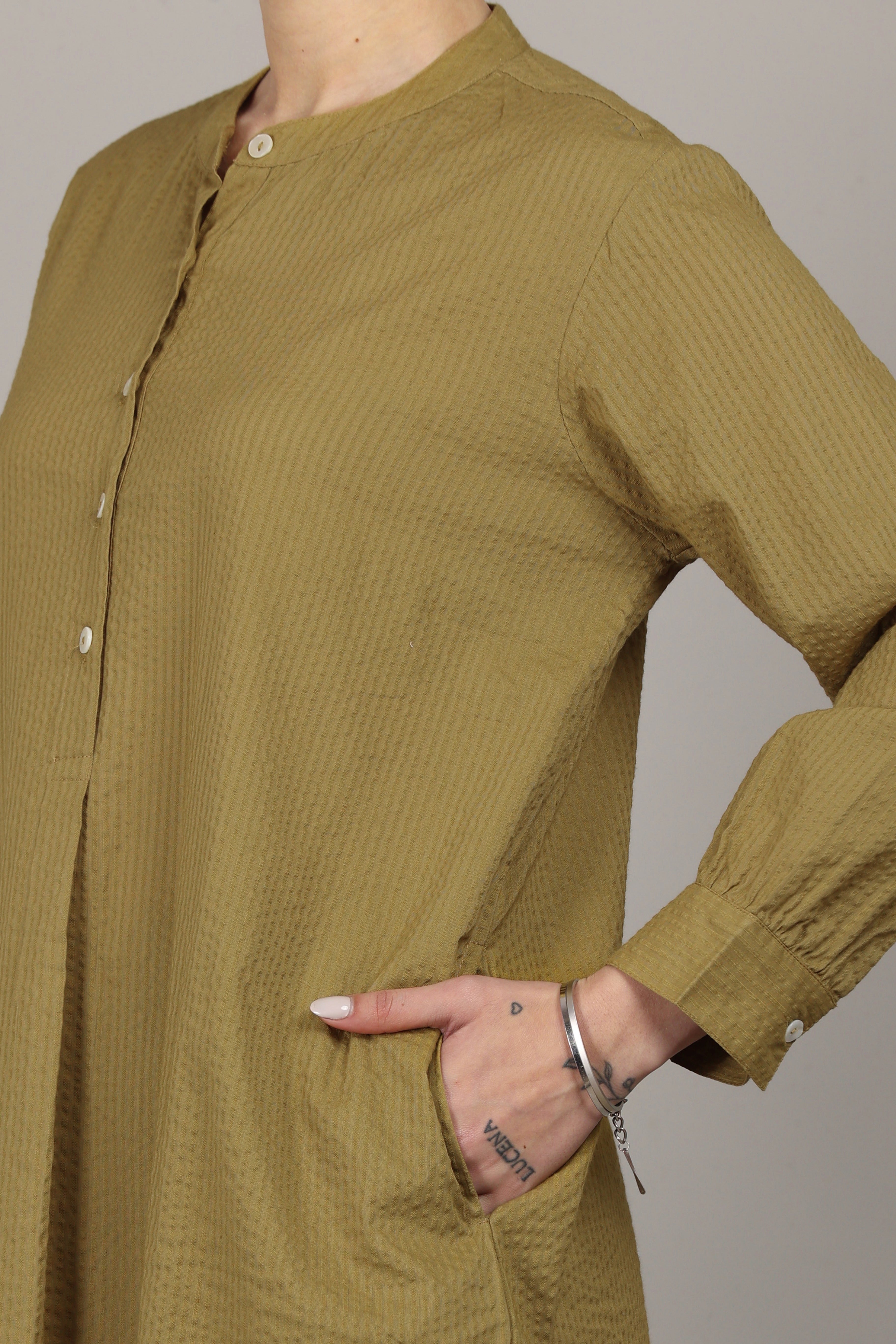 Dry Olive Seersucker Cotton A-Line Kurta Pant Co-Ord Set