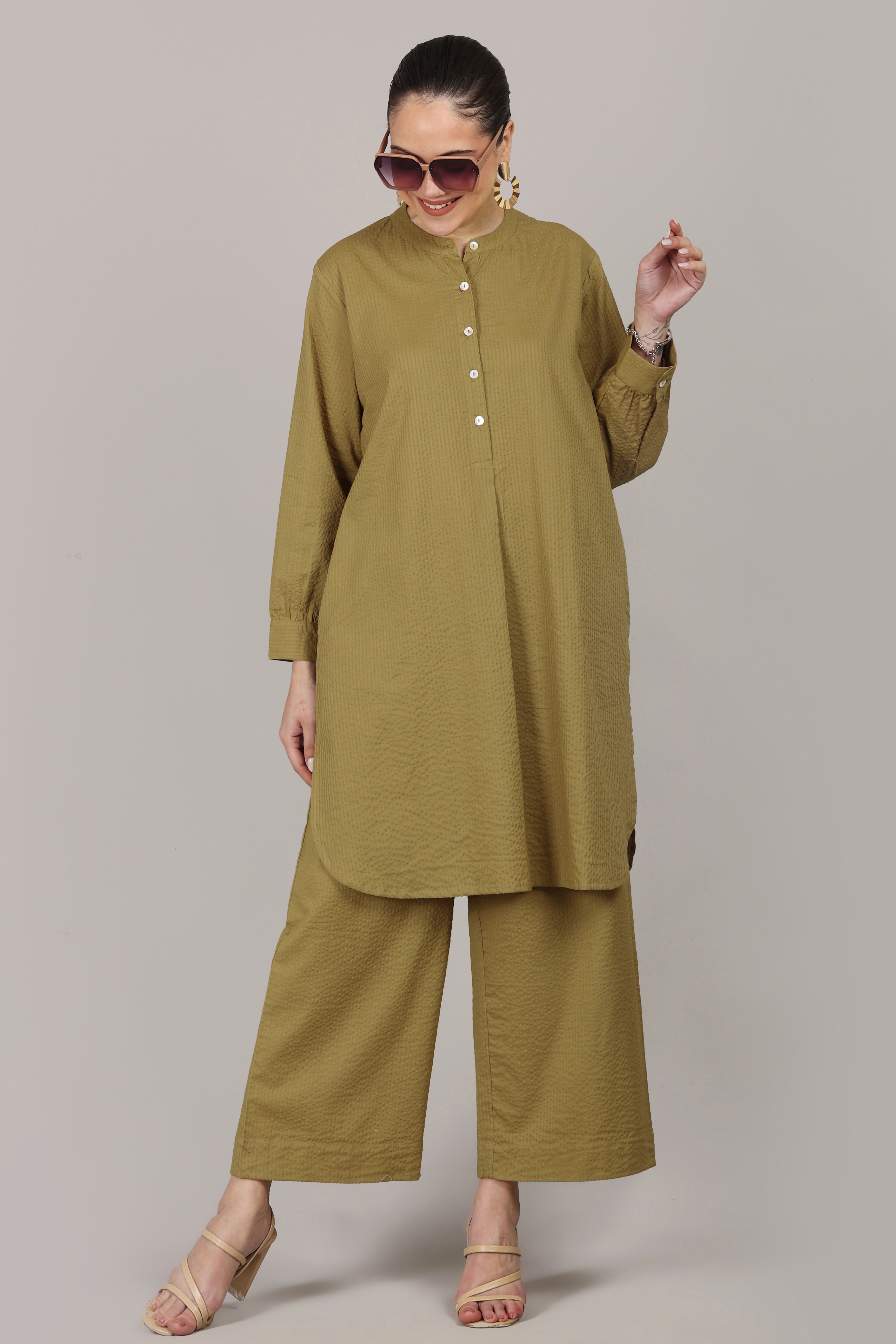 Dry Olive Seersucker Cotton A-Line Kurta Pant Co-Ord Set