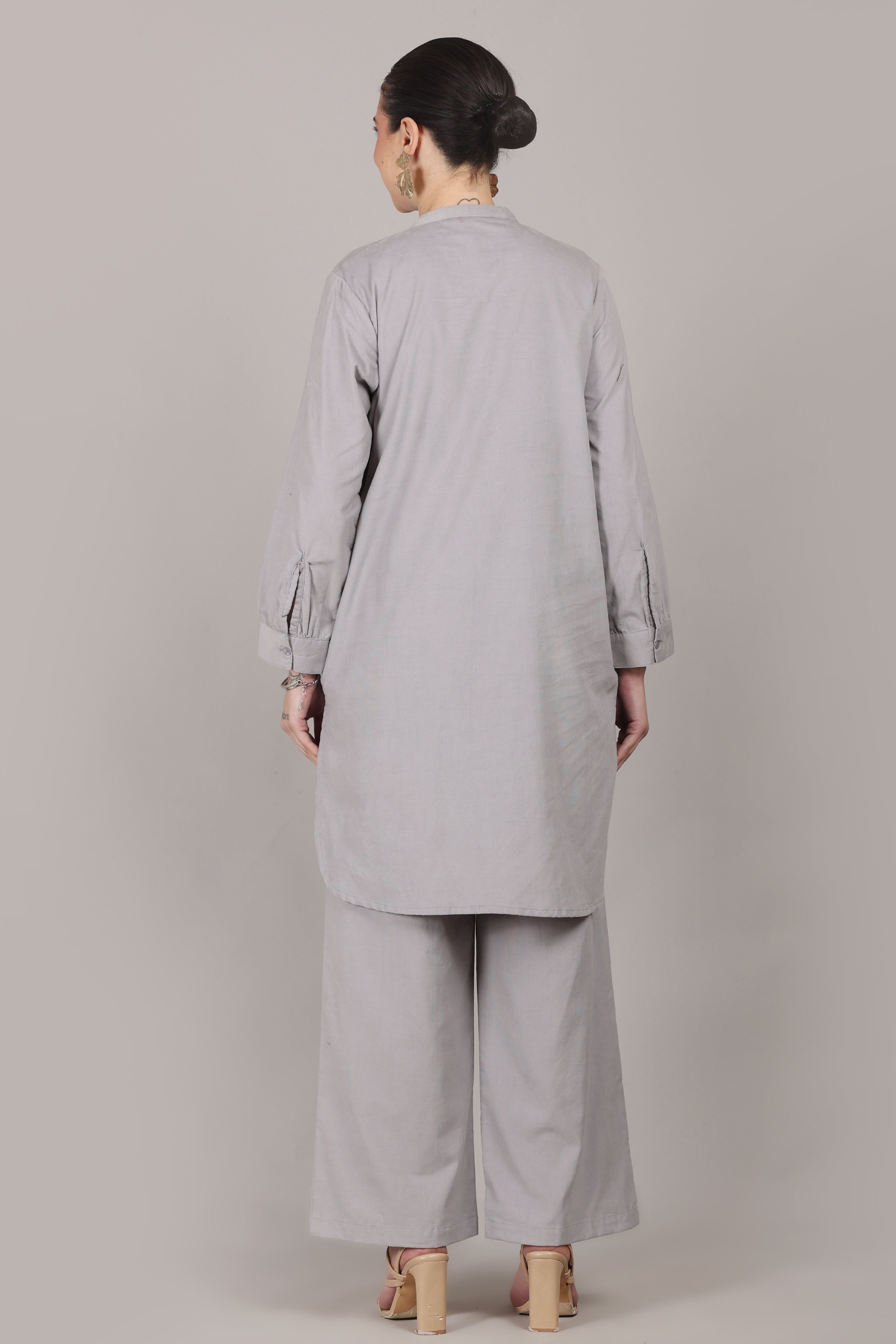 Cloud Grey Corduroy Solid Cotton A-Line Kurta Pant Co-Ord Set