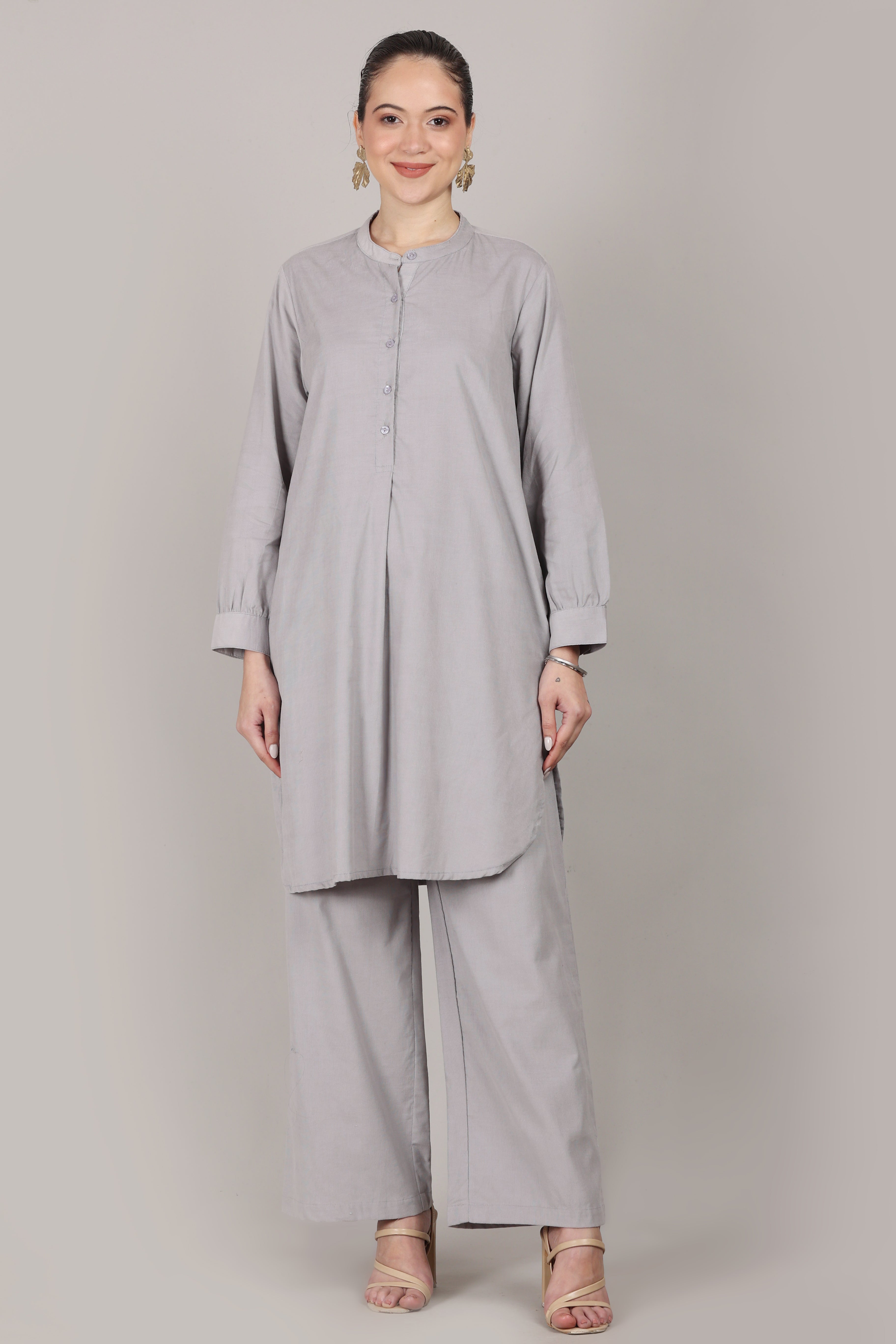 Cloud Grey Corduroy Solid Cotton A-Line Kurta Pant Co-Ord Set