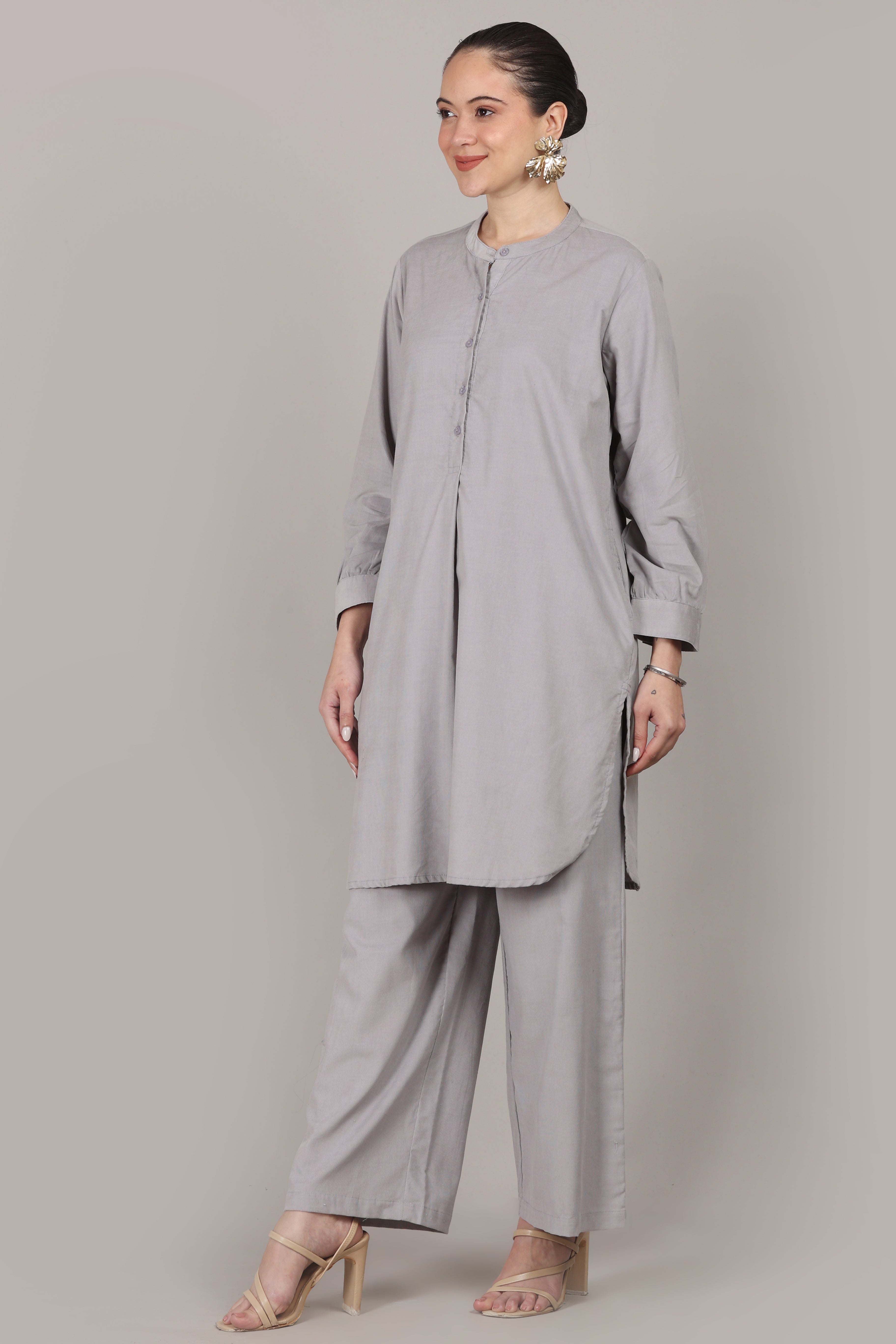 Cloud Grey Corduroy Solid Cotton A-Line Kurta Pant Co-Ord Set