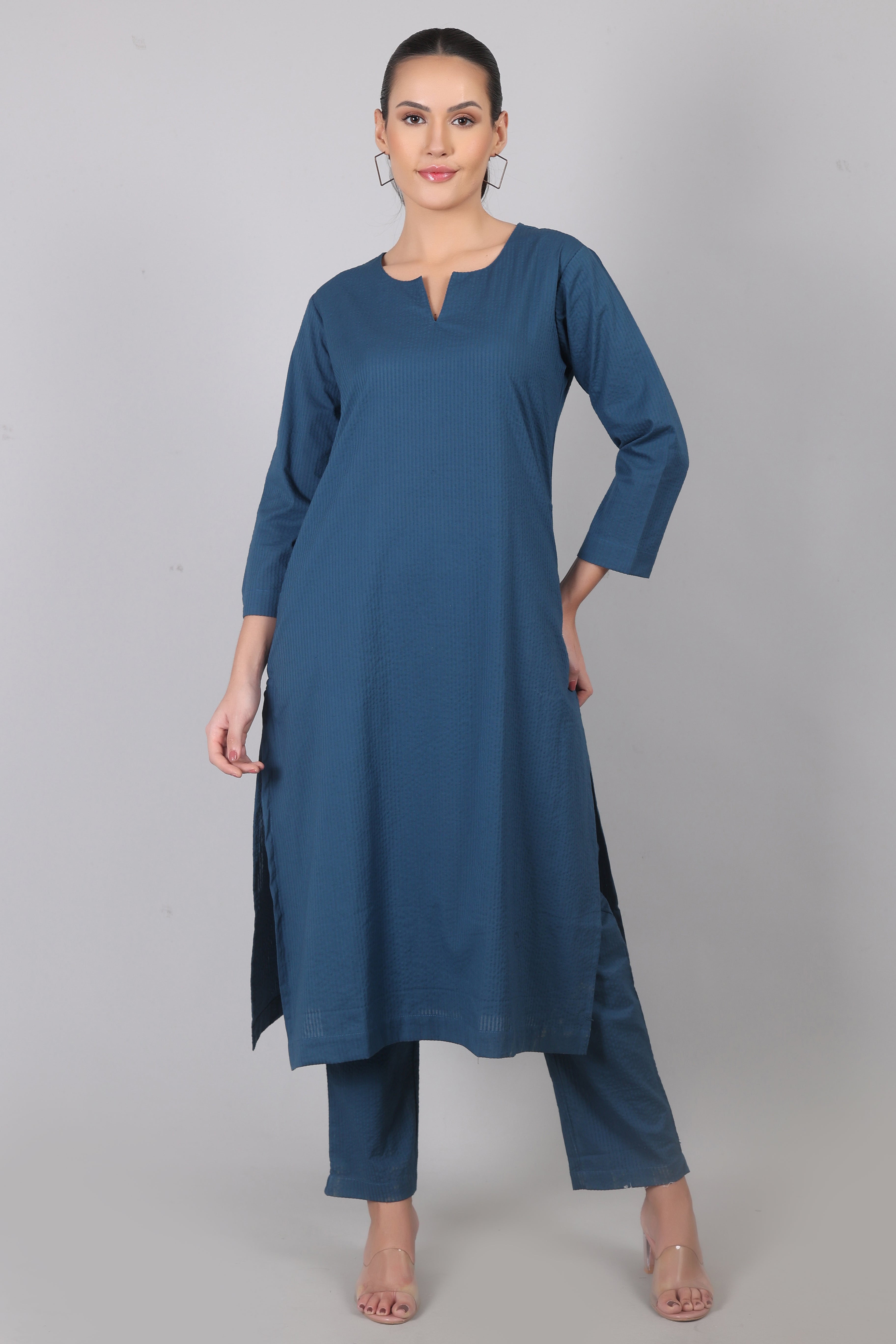 Indian Teal Seersucker Cotton Straight Fit Kurta Pant Co-Ord Set