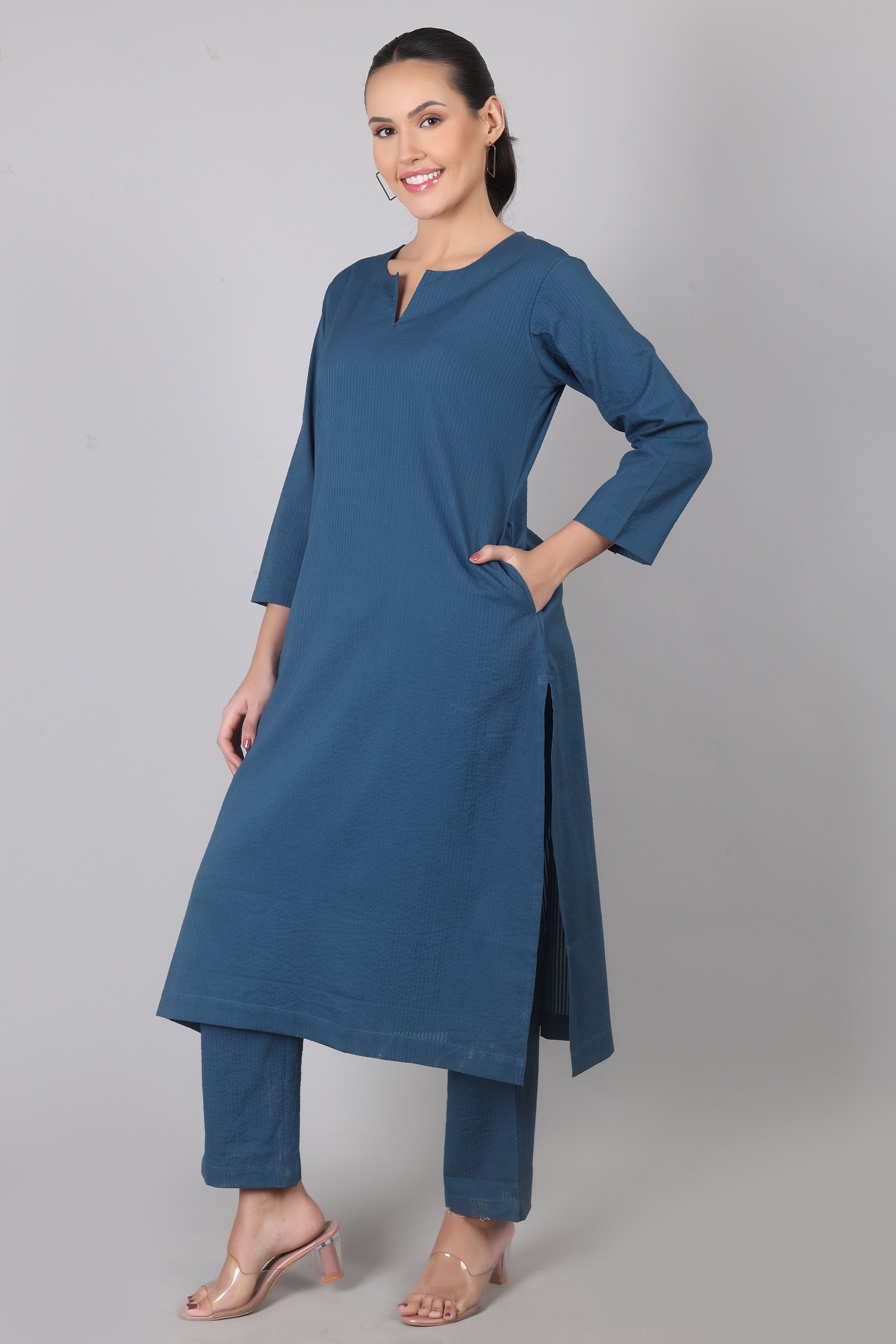 Indian Teal Seersucker Cotton Straight Fit Kurta Pant Co-Ord Set