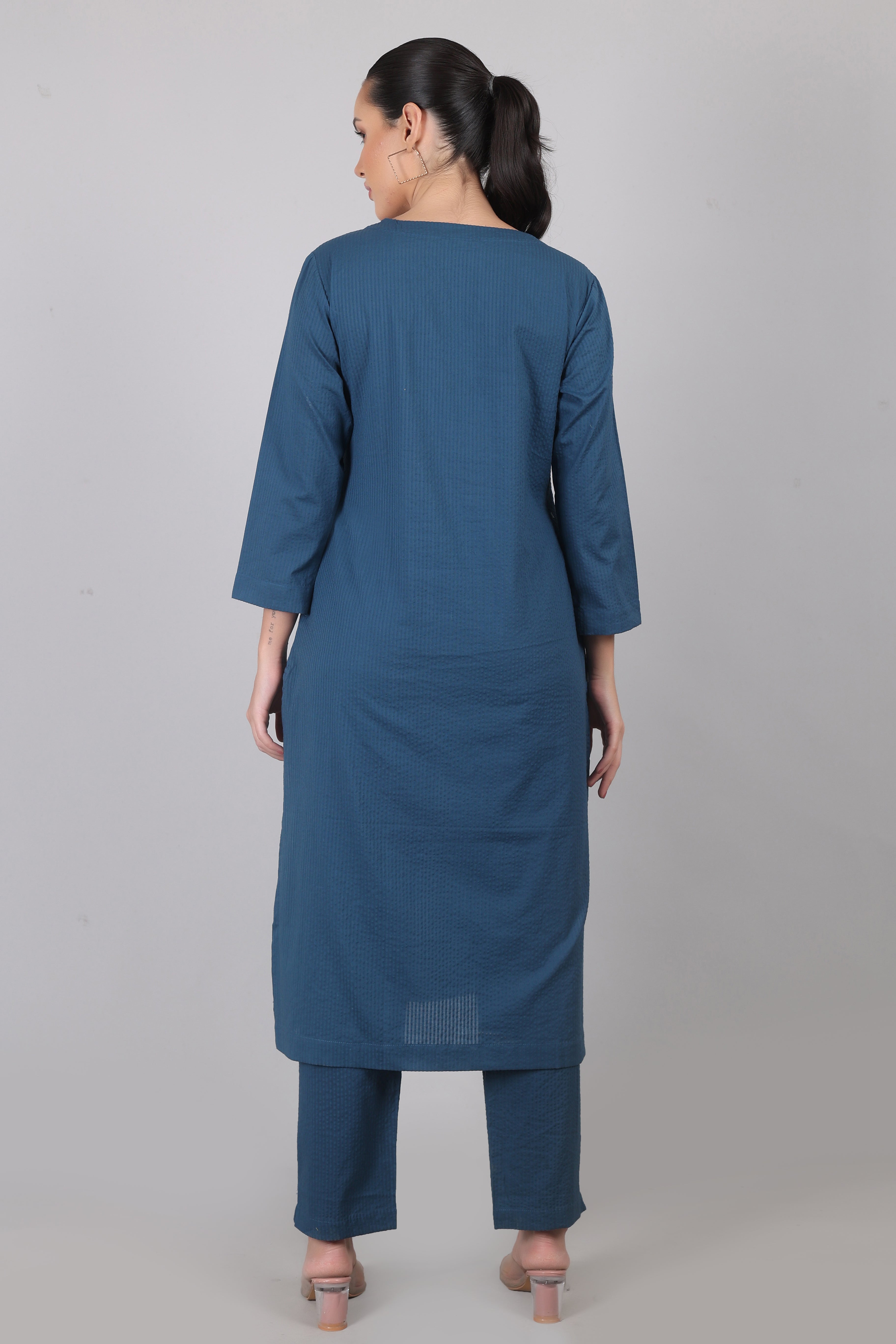 Indian Teal Seersucker Cotton Straight Fit Kurta Pant Co-Ord Set