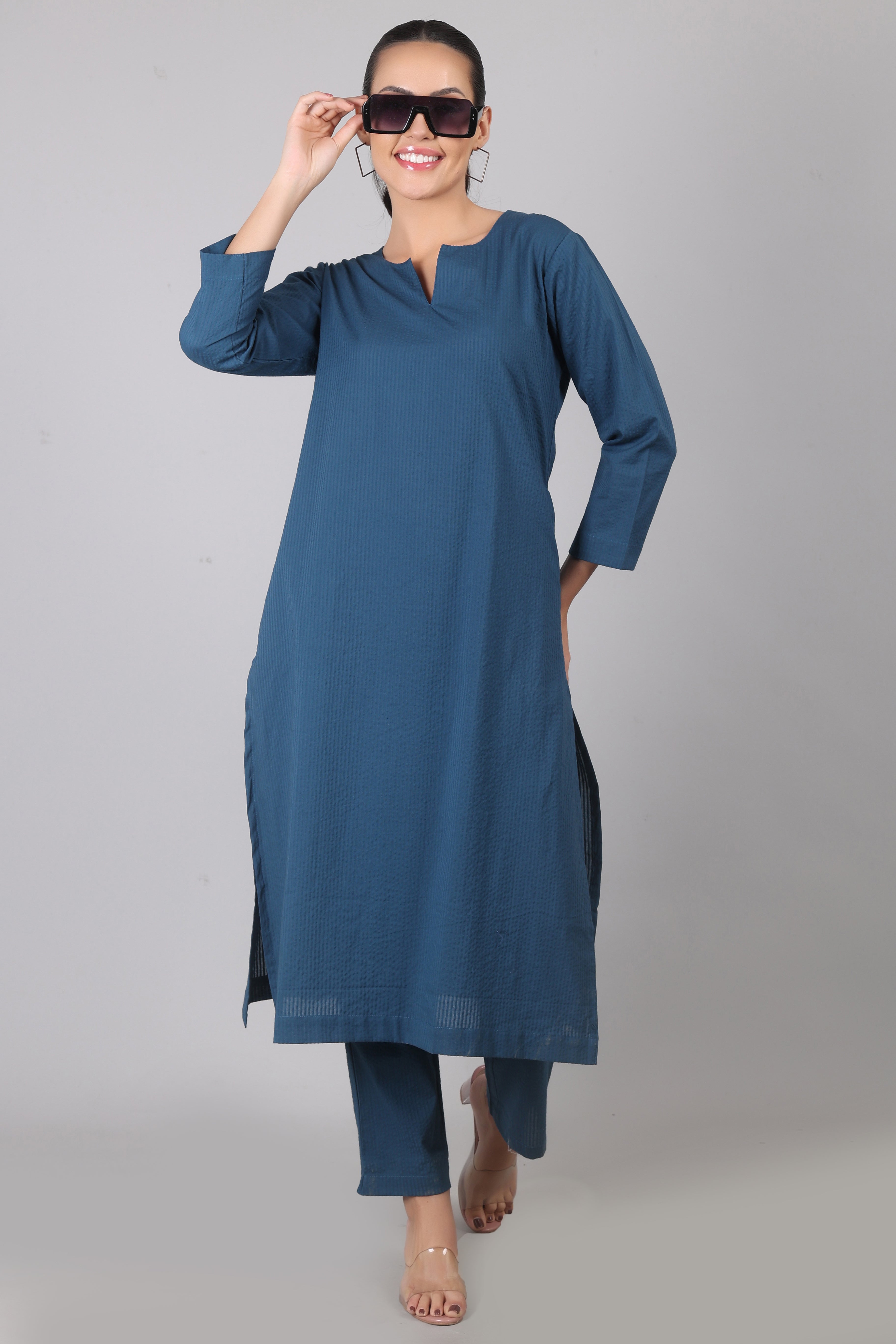 Indian Teal Seersucker Cotton Straight Fit Kurta Pant Co-Ord Set