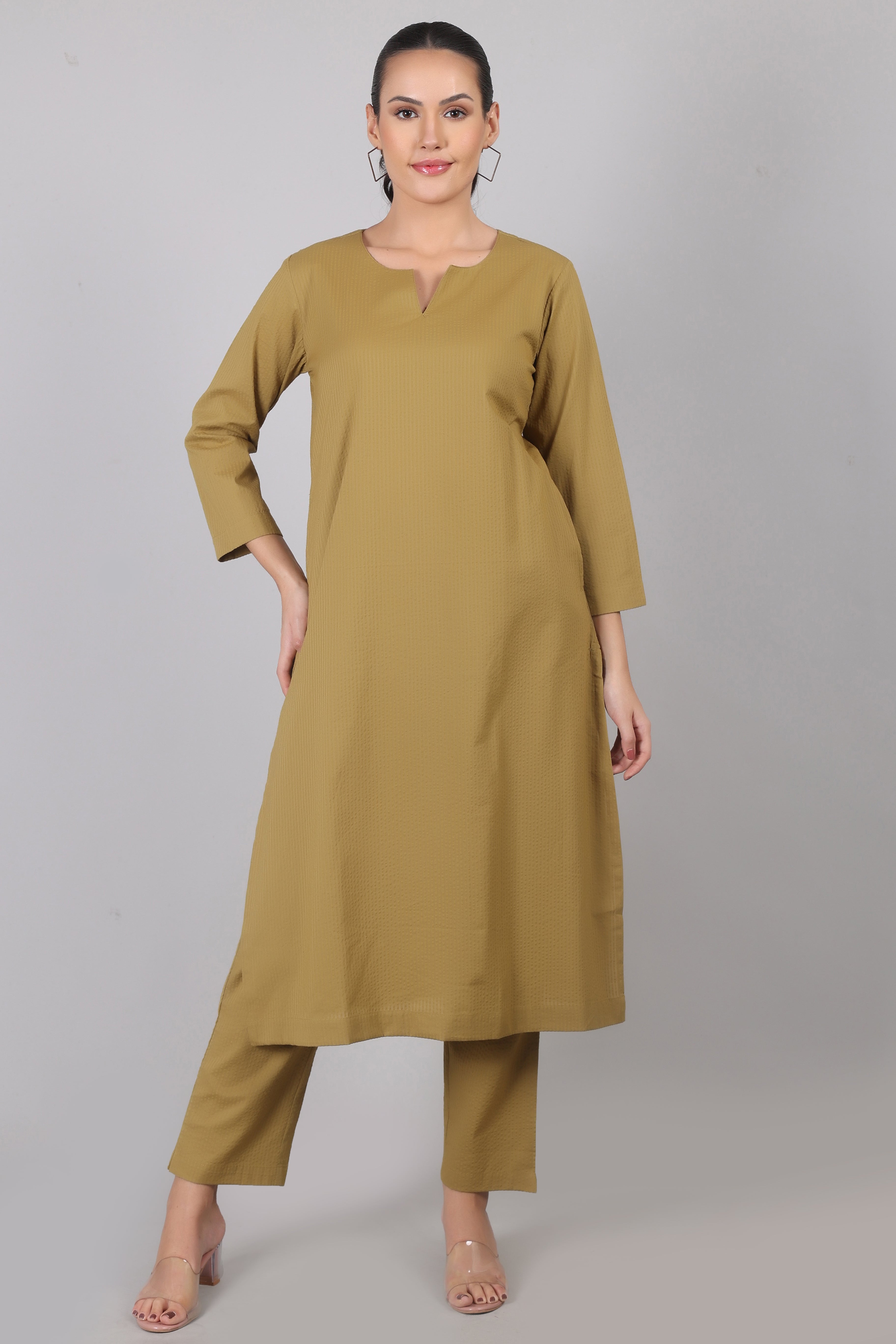 Dry Olive Seersucker Cotton Straight Fit Kurta Pant Co-Ord Set
