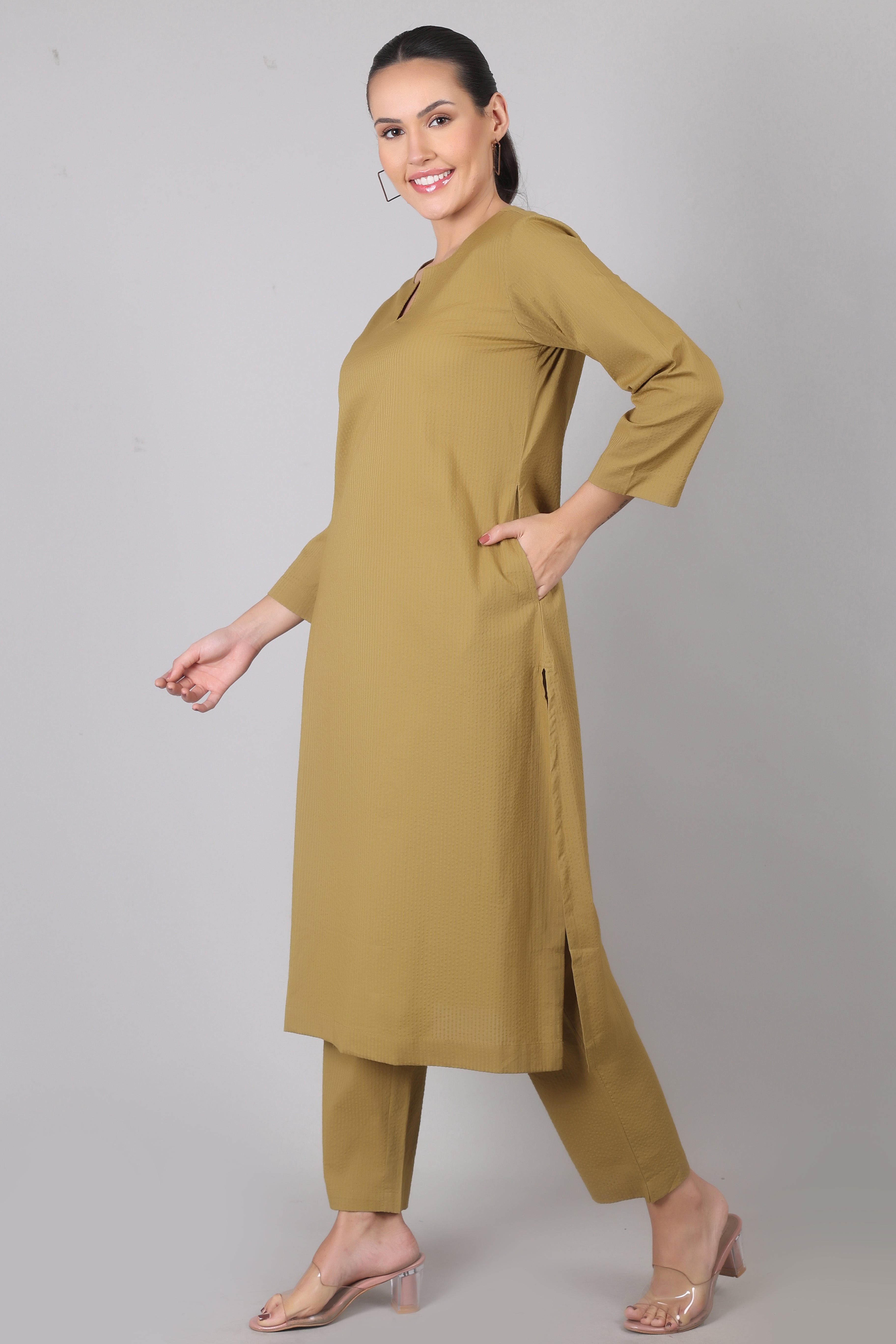 Dry Olive Seersucker Cotton Straight Fit Kurta Pant Co-Ord Set
