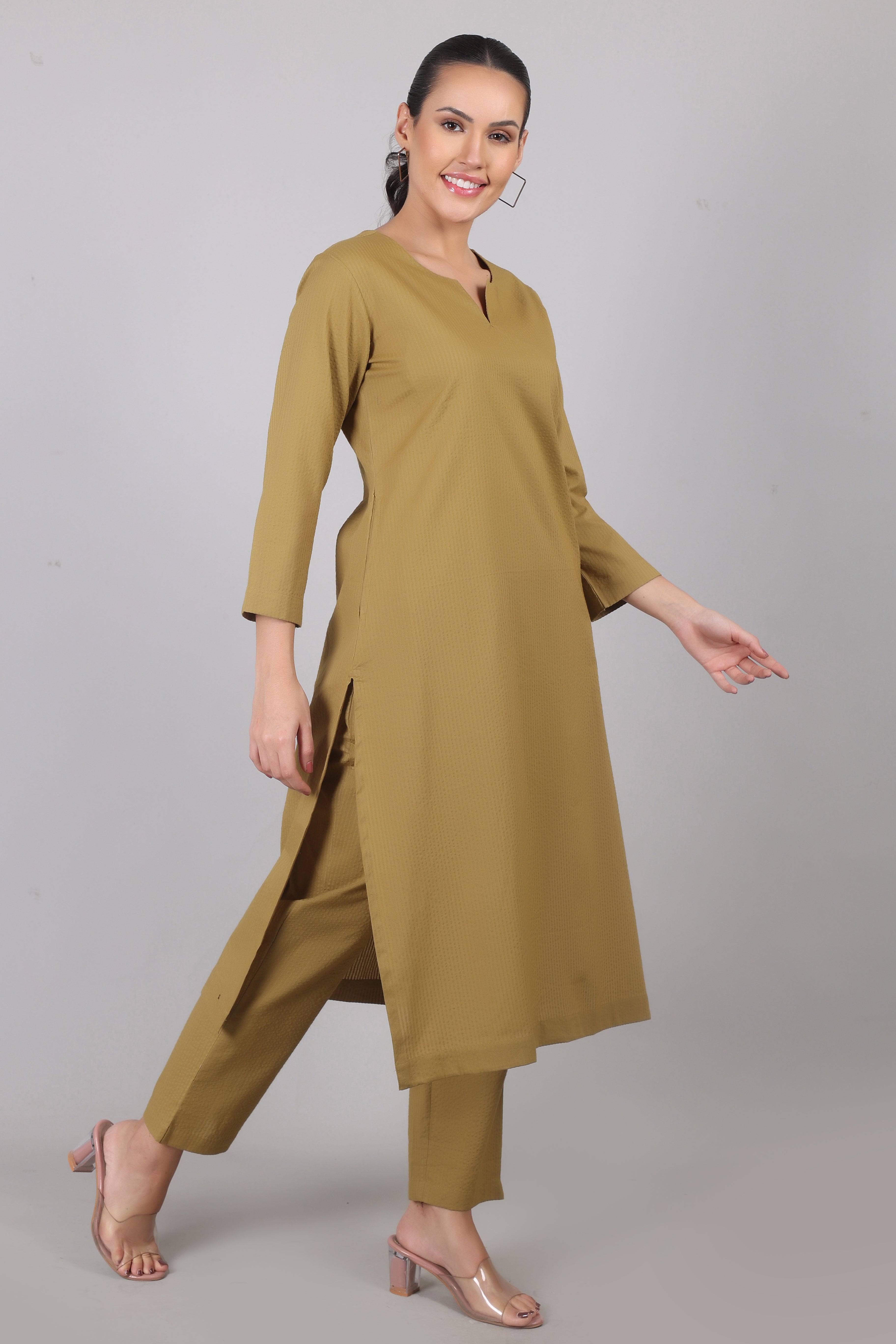 Dry Olive Seersucker Cotton Straight Fit Kurta Pant Co-Ord Set