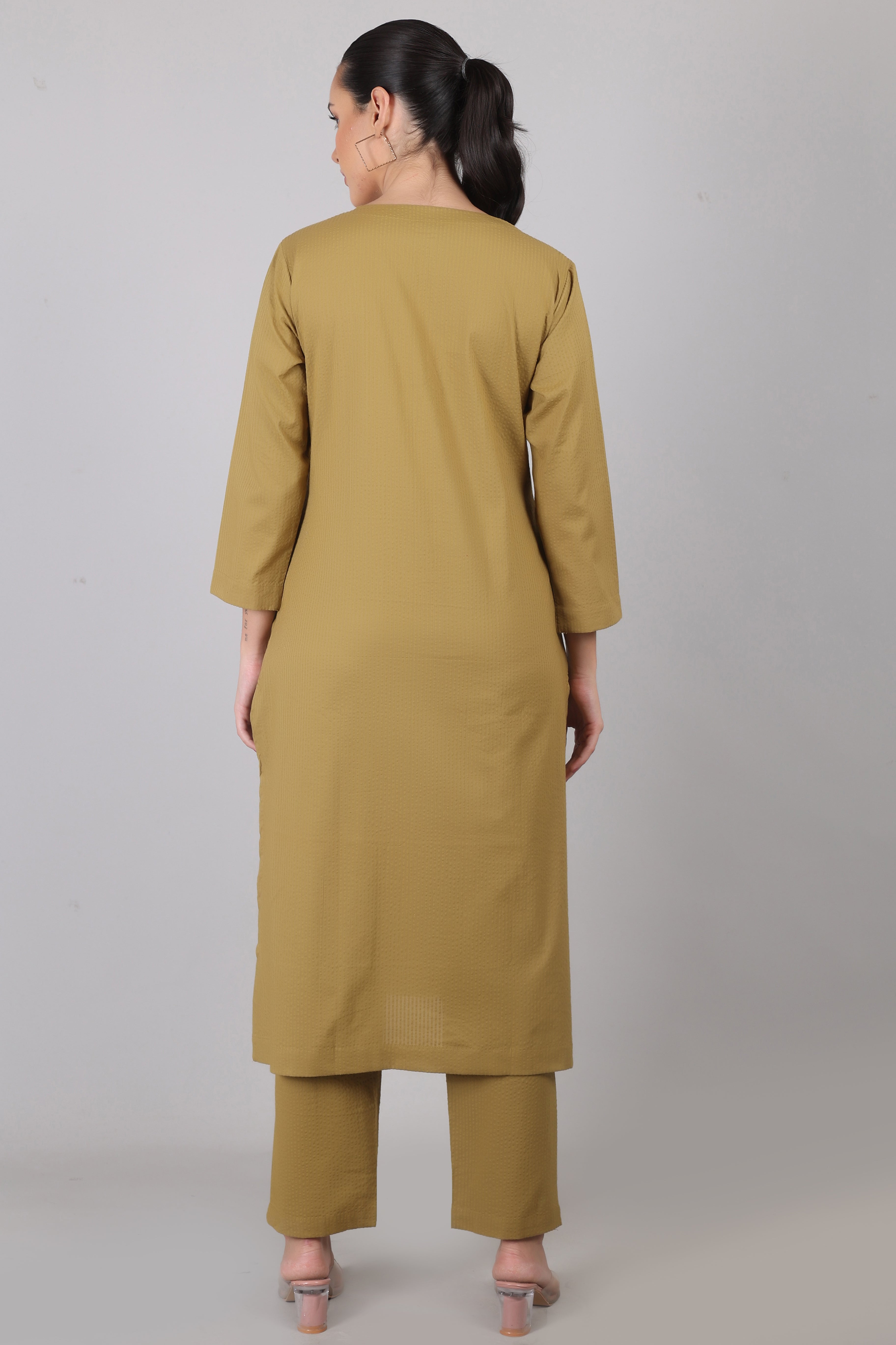 Dry Olive Seersucker Cotton Straight Fit Kurta Pant Co-Ord Set