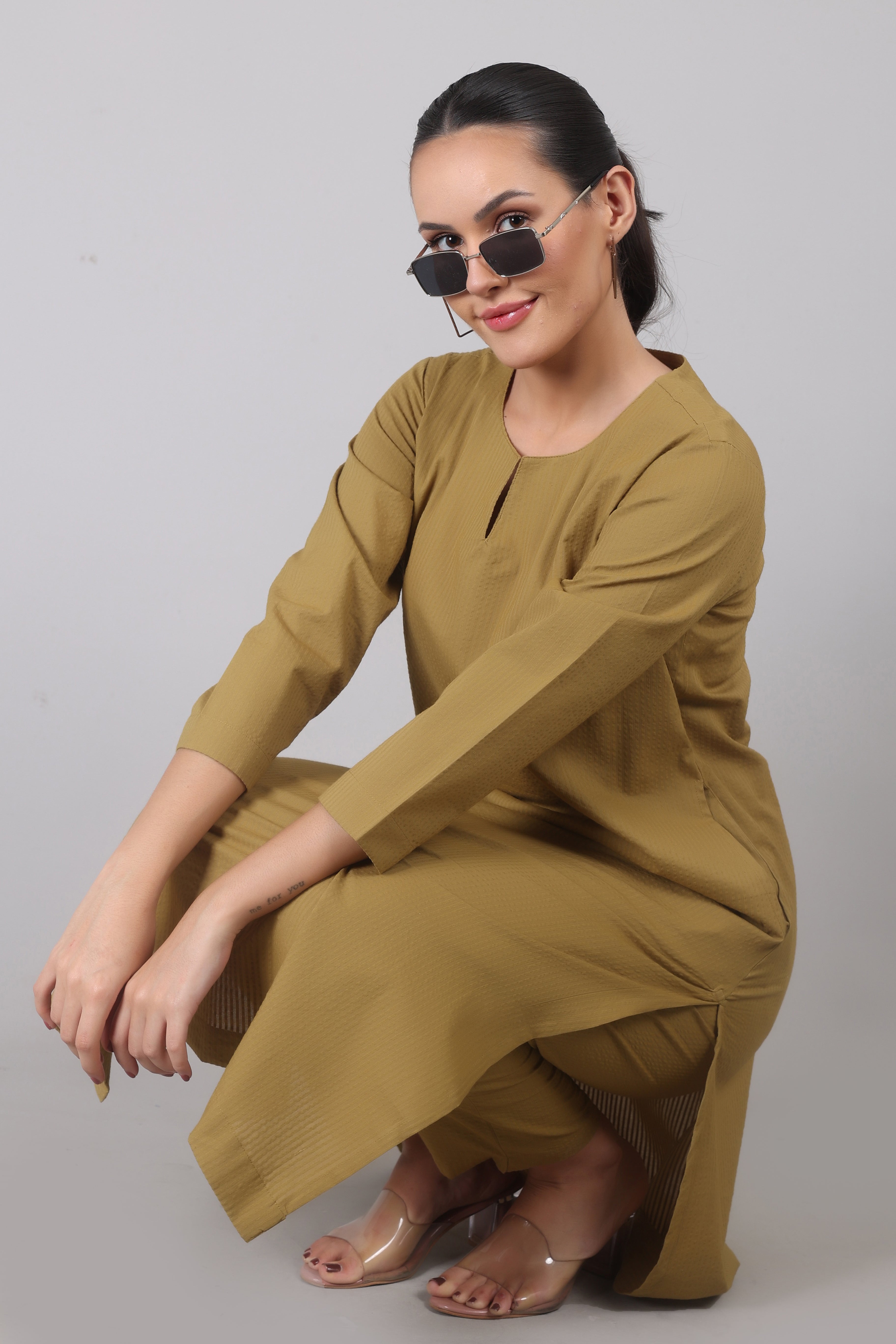 Dry Olive Seersucker Cotton Straight Fit Kurta Pant Co-Ord Set