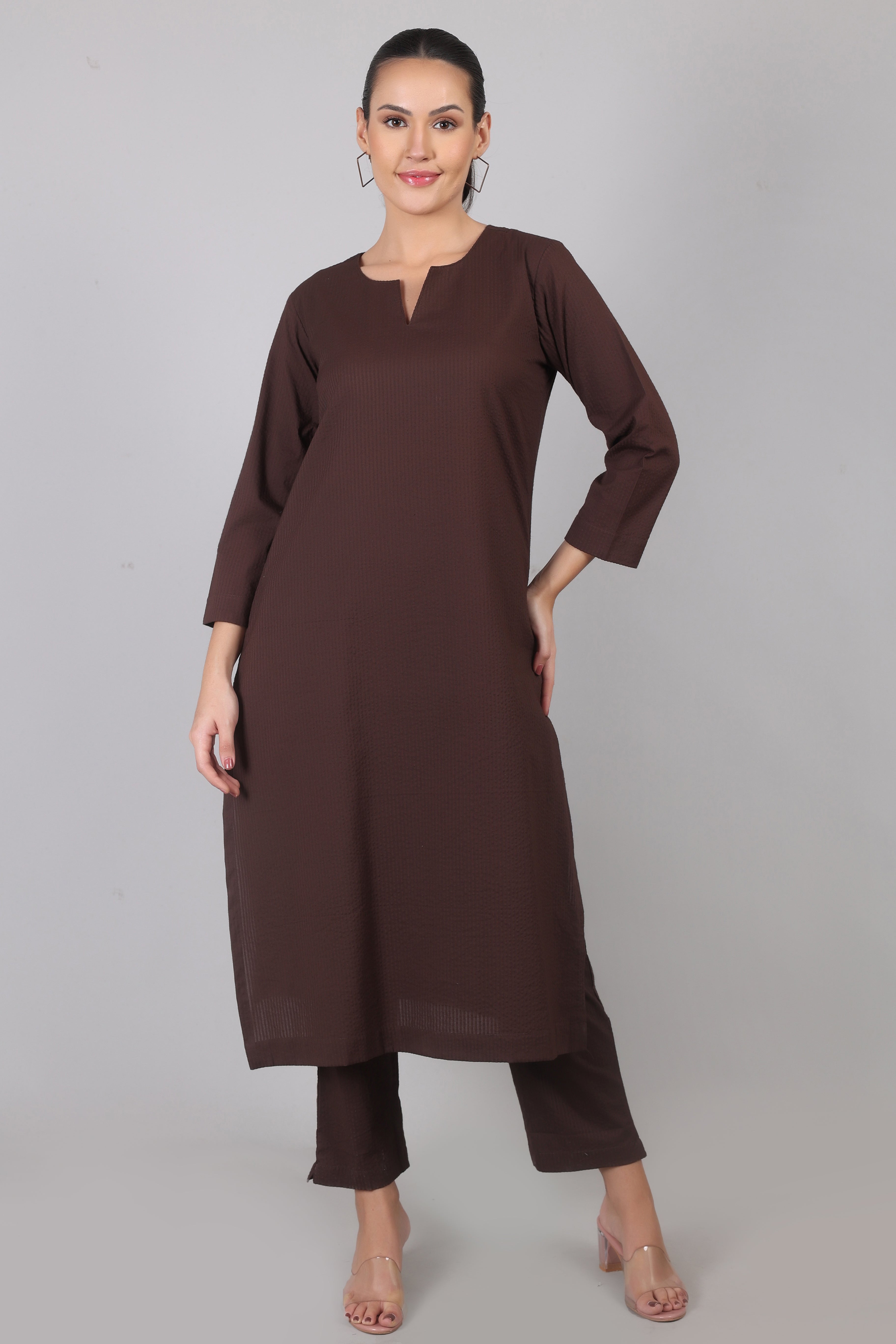 Thick Chocolate Seersucker Cotton Straight Fit Kurta Pant Co-Ord Set