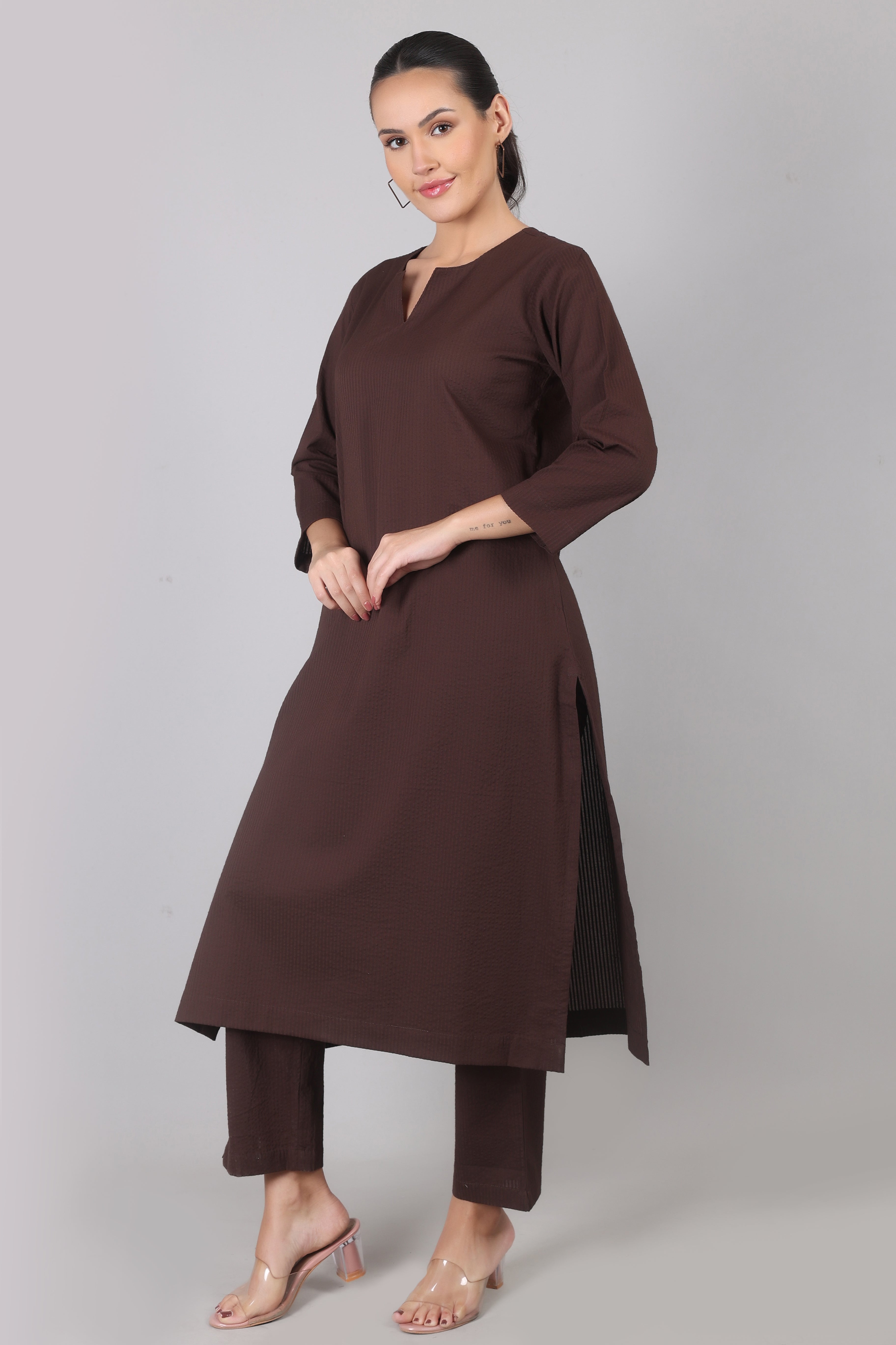 Thick Chocolate Seersucker Cotton Straight Fit Kurta Pant Co-Ord Set