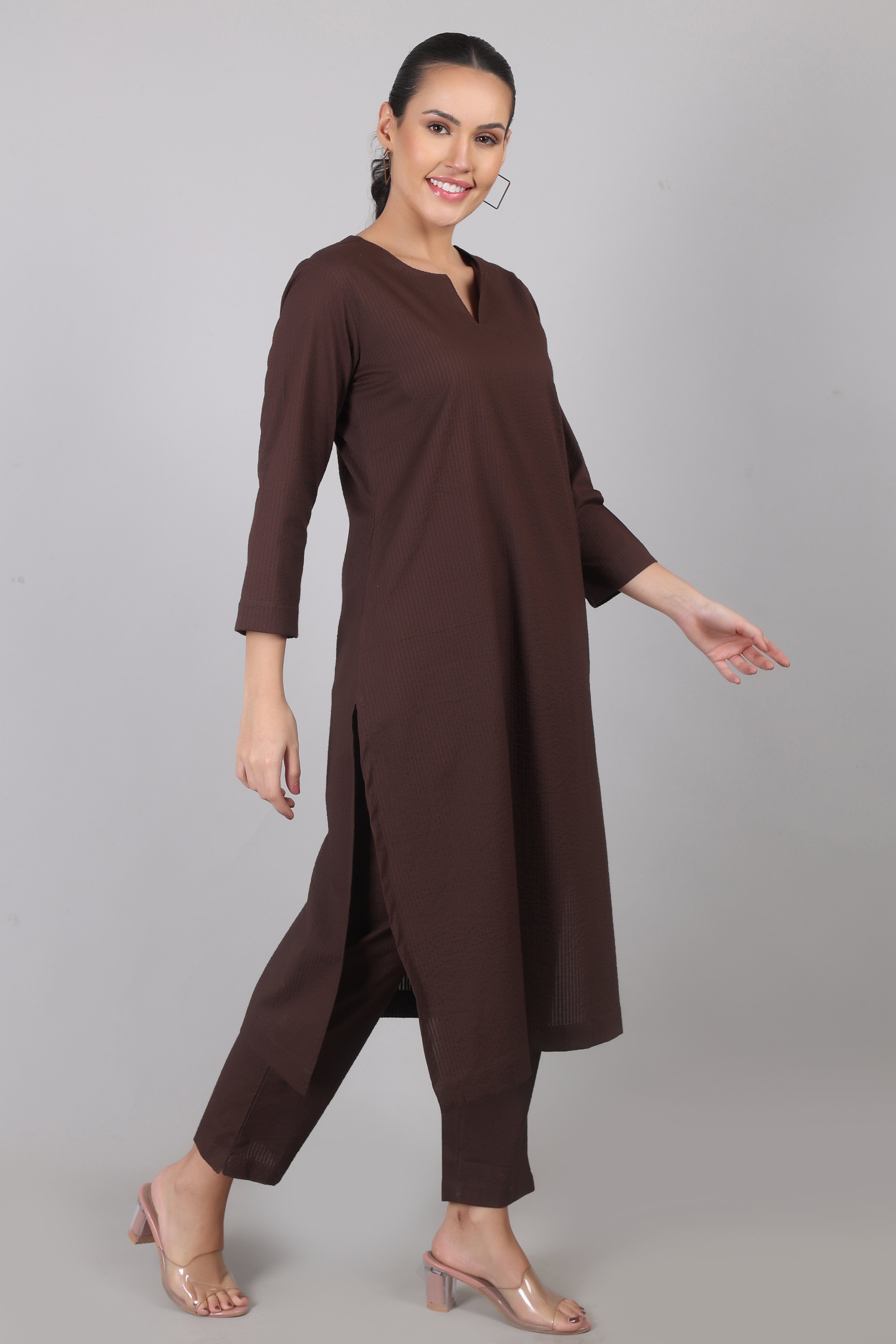Thick Chocolate Seersucker Cotton Straight Fit Kurta Pant Co-Ord Set