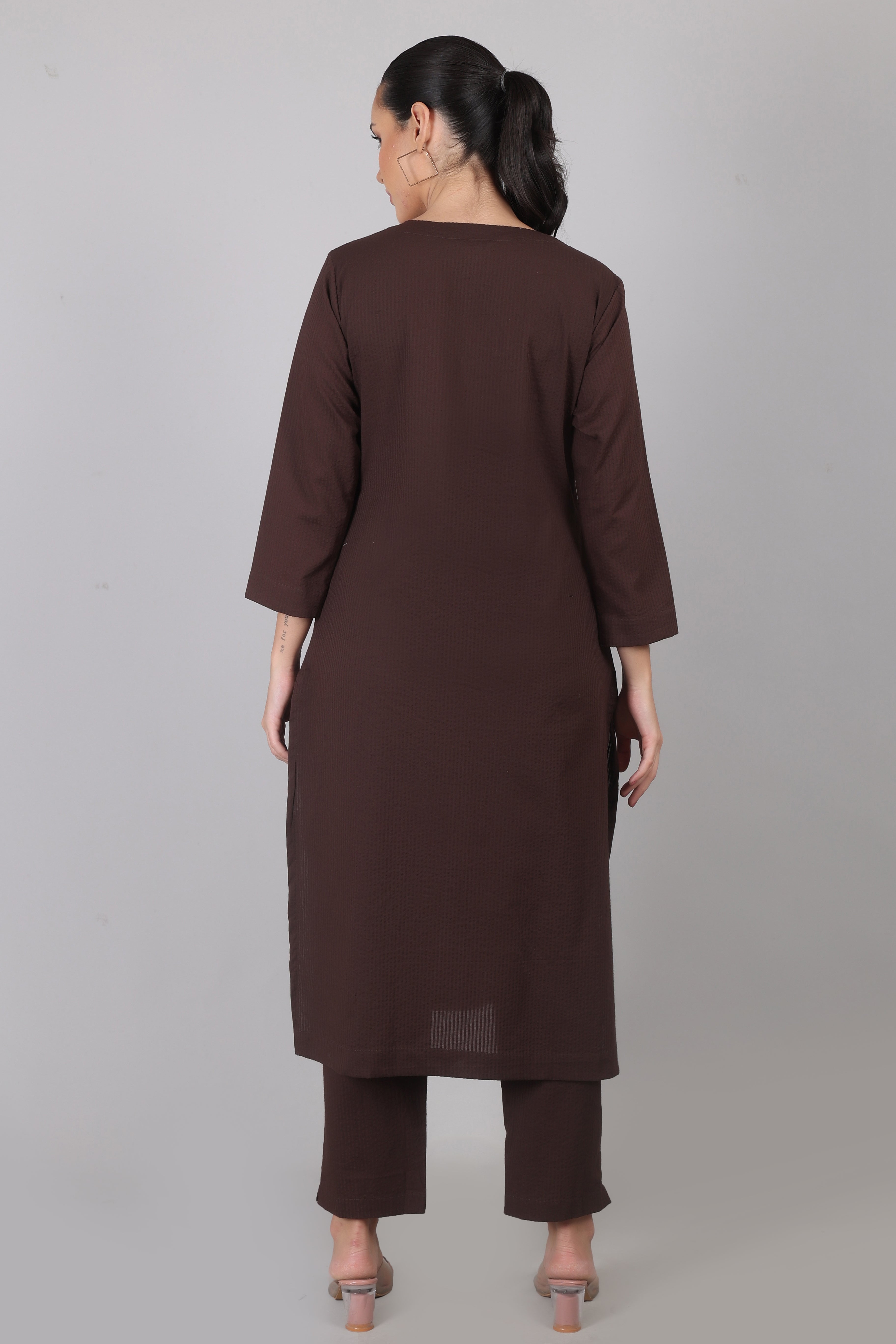 Thick Chocolate Seersucker Cotton Straight Fit Kurta Pant Co-Ord Set