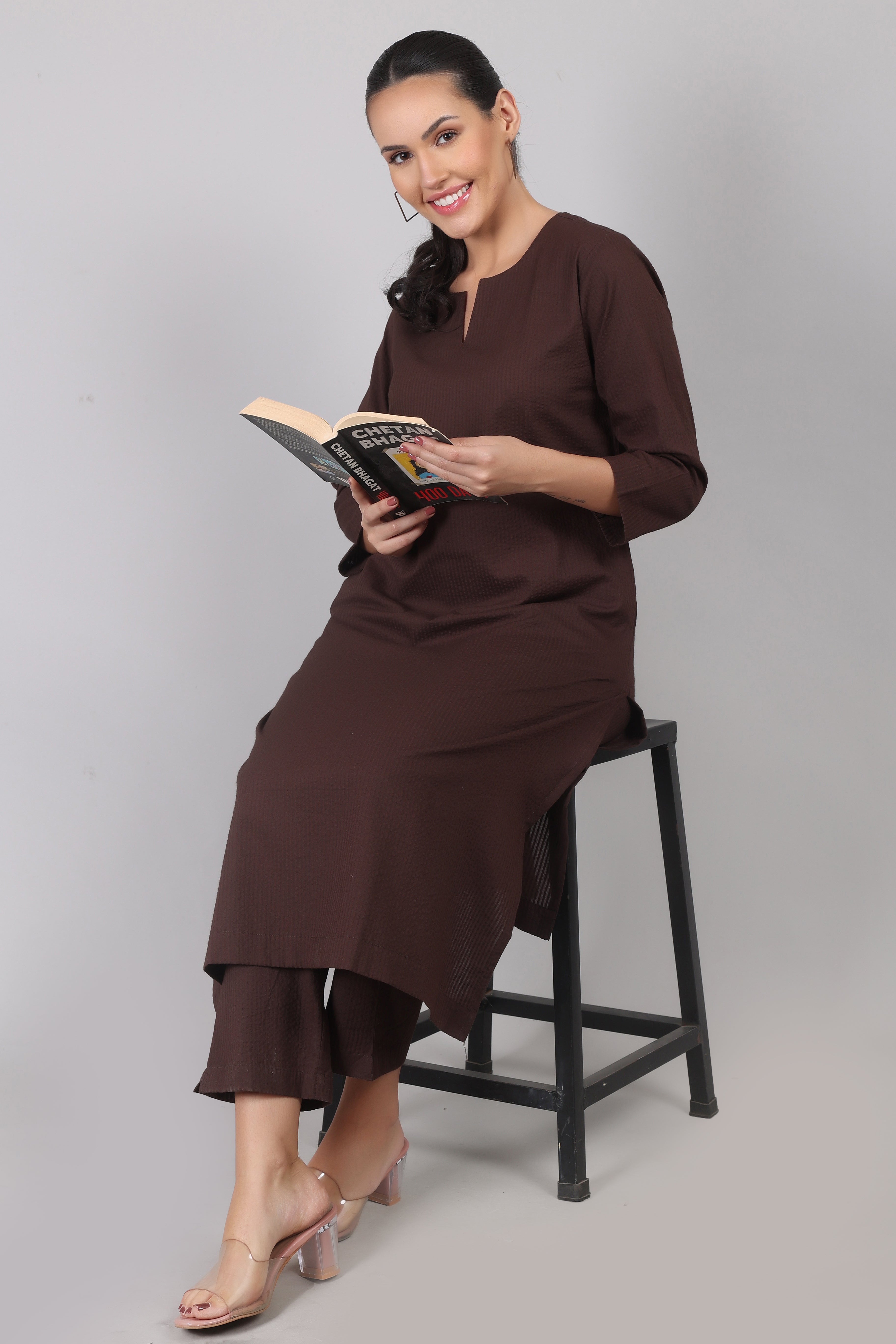 Thick Chocolate Seersucker Cotton Straight Fit Kurta Pant Co-Ord Set