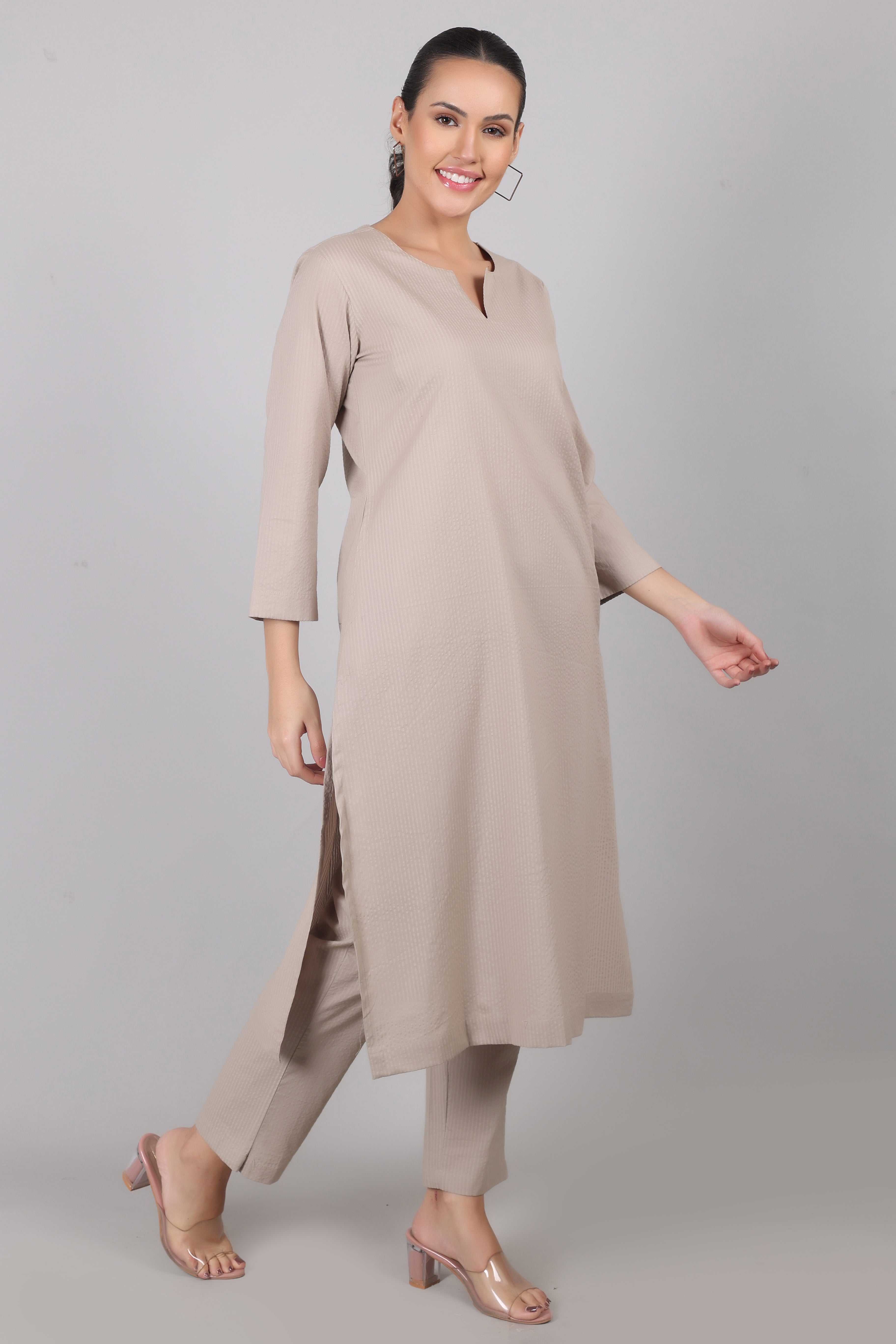 Silver Cloud Beige Seersucker Cotton Straight Fit Kurta Pant Co-Ord Set