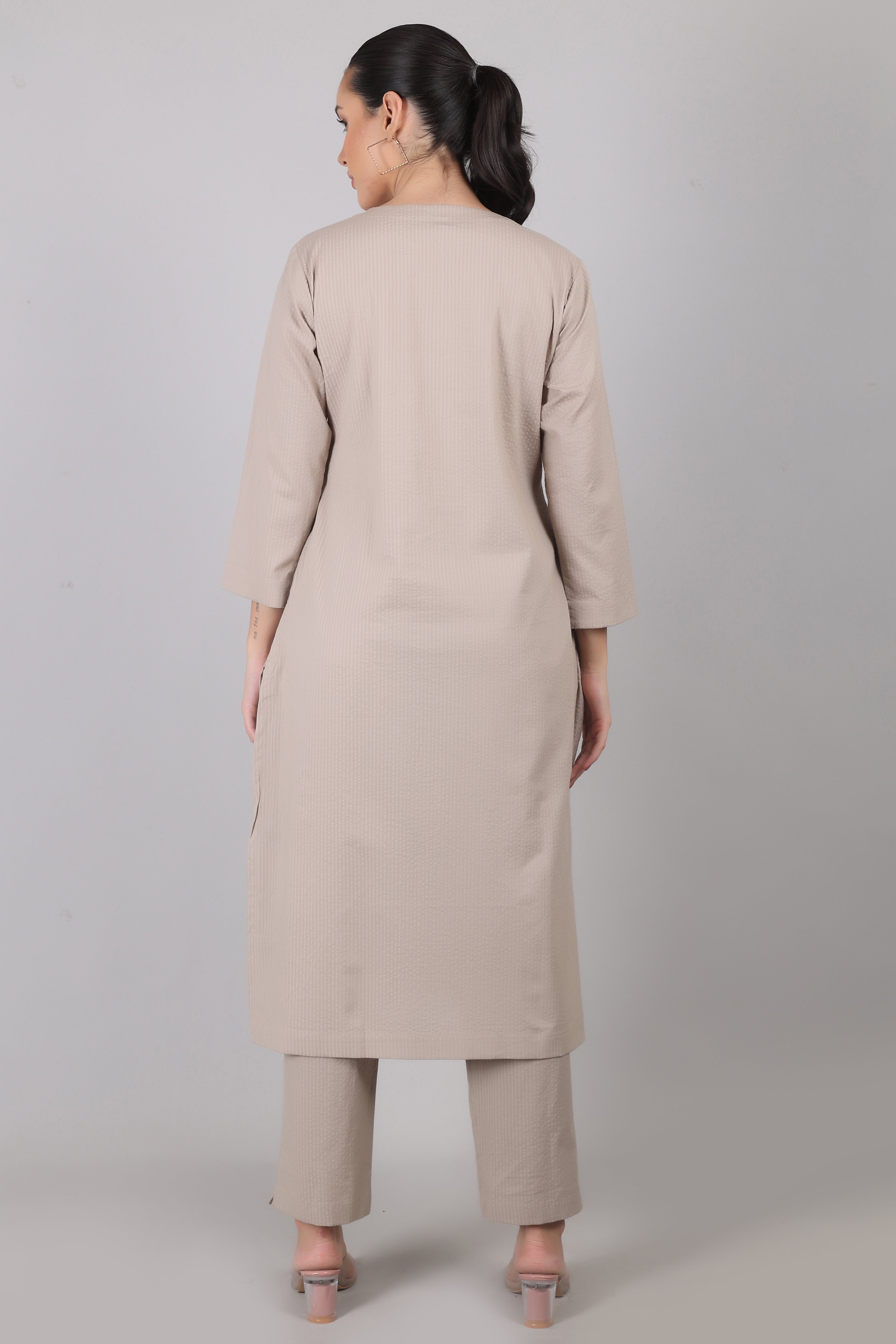 Silver Cloud Beige Seersucker Cotton Straight Fit Kurta Pant Co-Ord Set