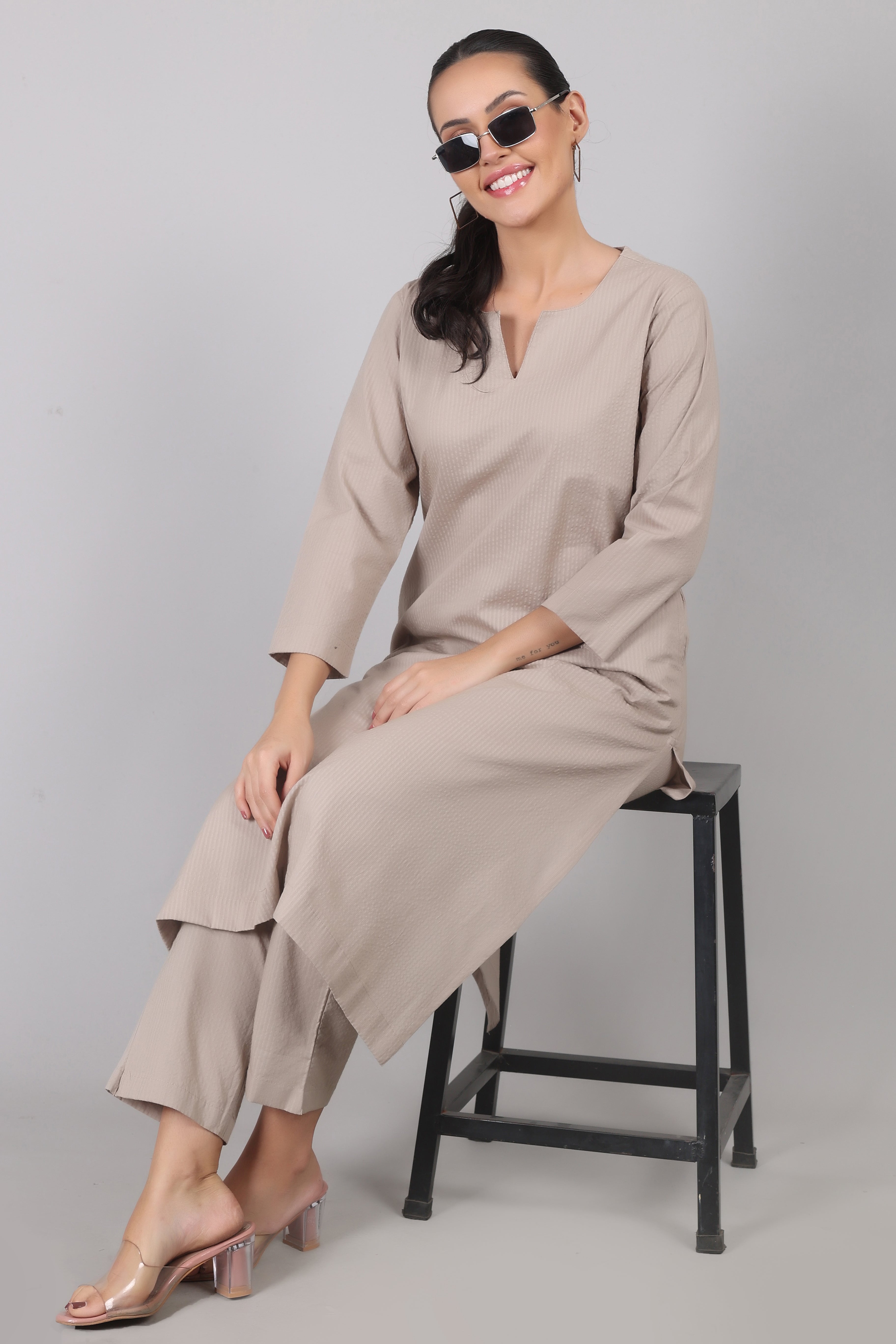 Silver Cloud Beige Seersucker Cotton Straight Fit Kurta Pant Co-Ord Set