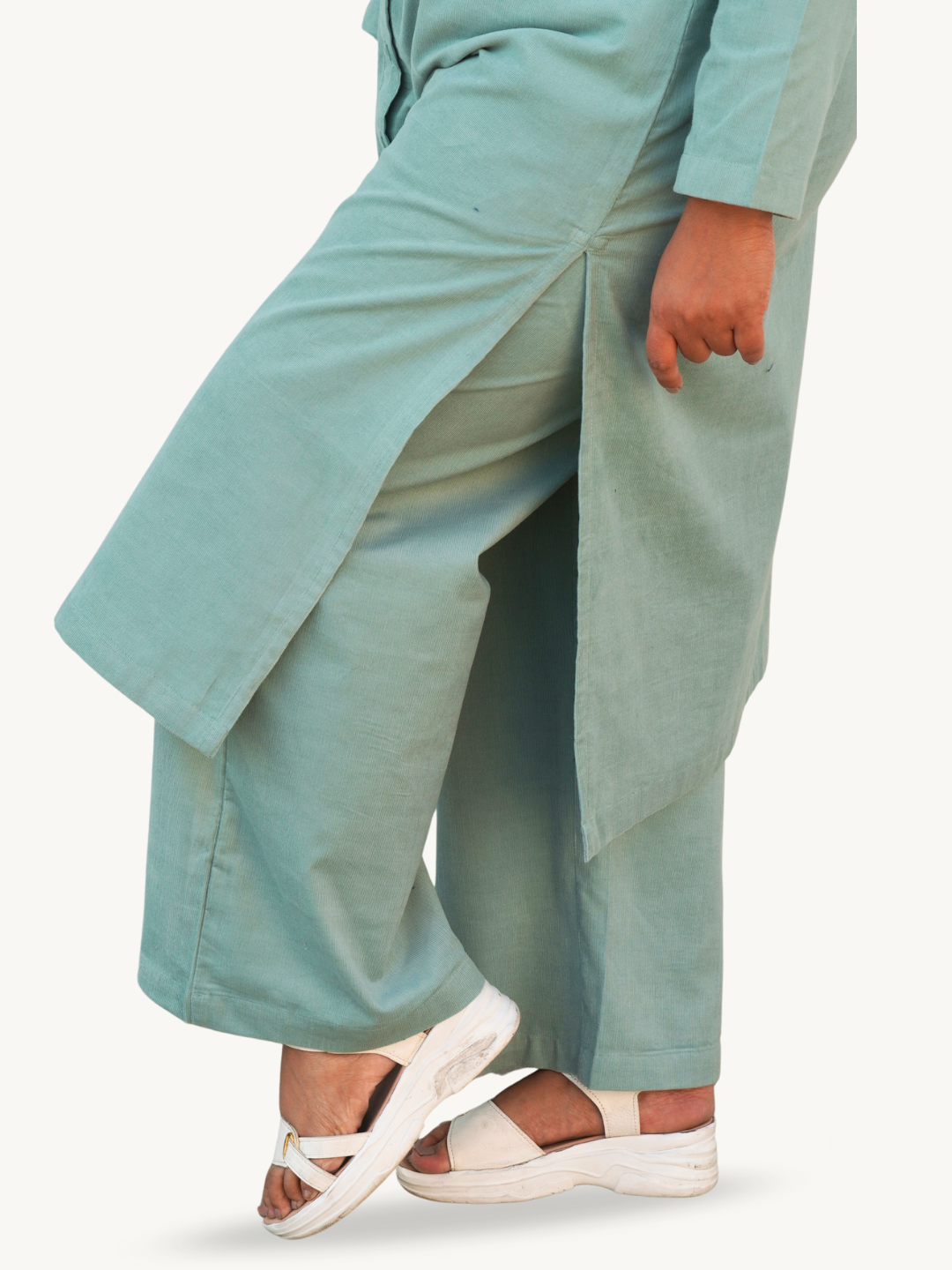 Shadow Green Corduroy Solid Straight-Fit Cotton Kurta Pant Co-ord Set