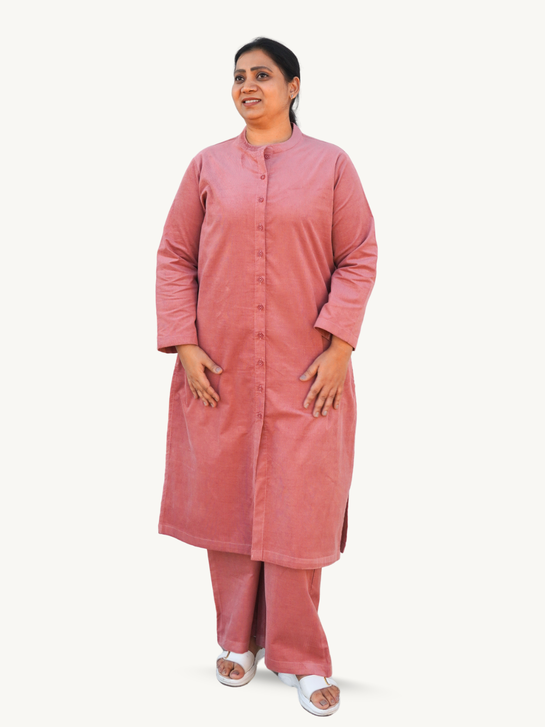 Sea Pink Corduroy Solid Straight-Fit Cotton Kurta Pant Co-ord Set