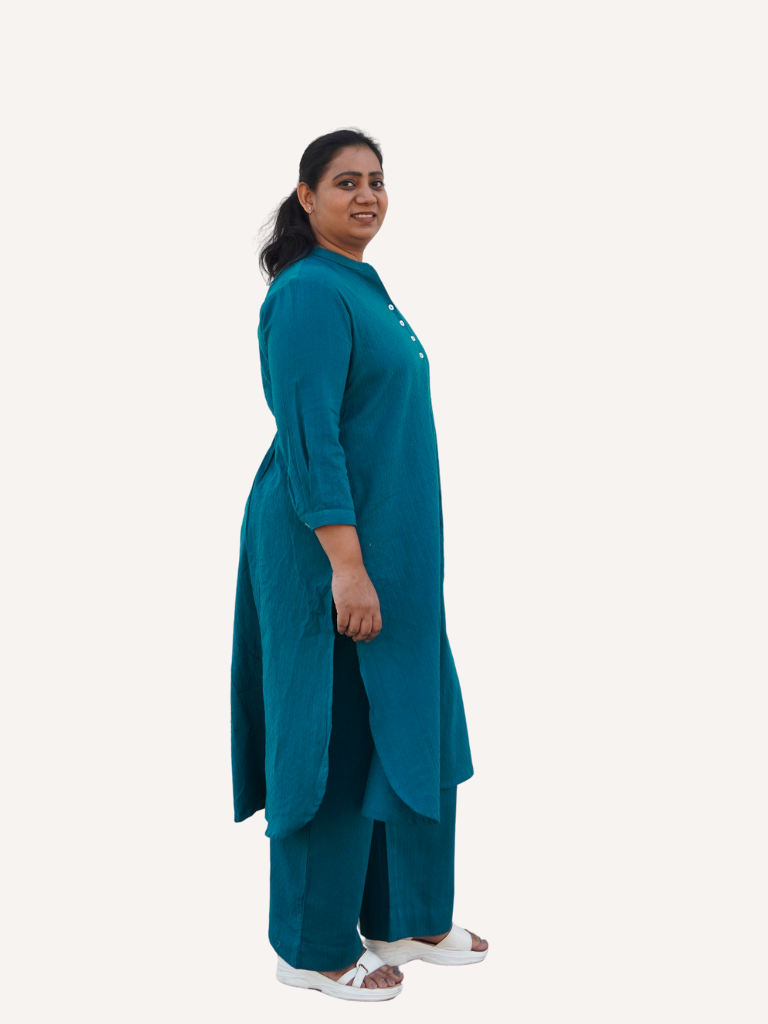 Teal Dobby Striped Cotton A-Line Kurta Pant Co-Ord Set (Sukoon)