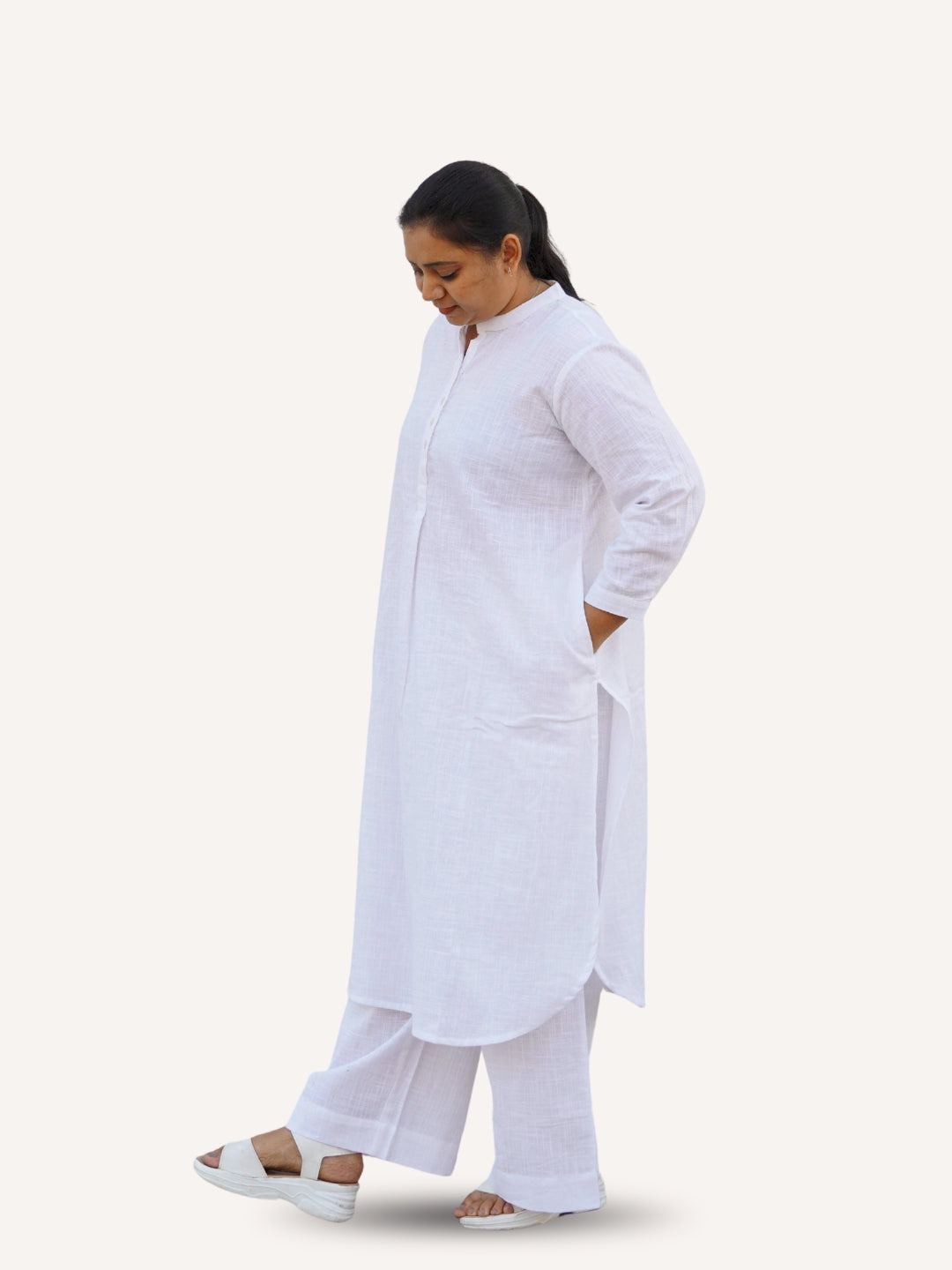 White Dobby Striped Cotton A-Line Kurta Pant Co-Ord Set (Sukoon)