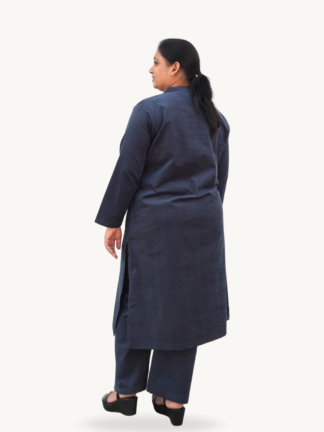 Night Blue Corduroy Solid Straight-Fit Cotton Kurta Pant Co-ord Set