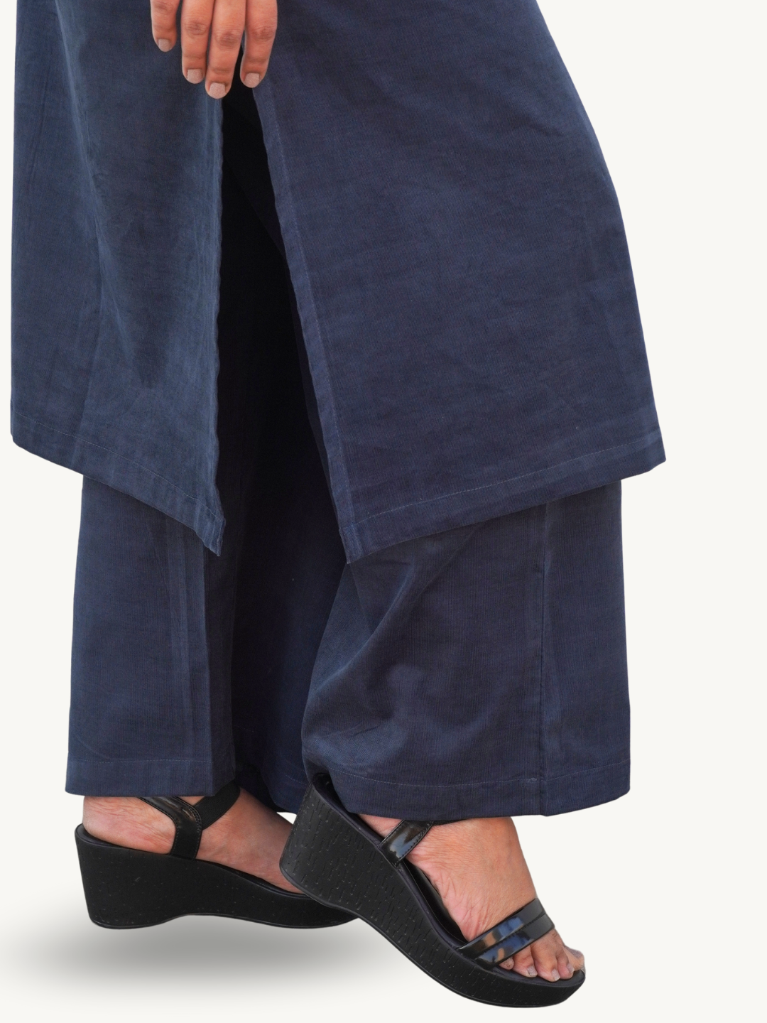 Night Blue Corduroy Solid Straight-Fit Cotton Kurta Pant Co-ord Set