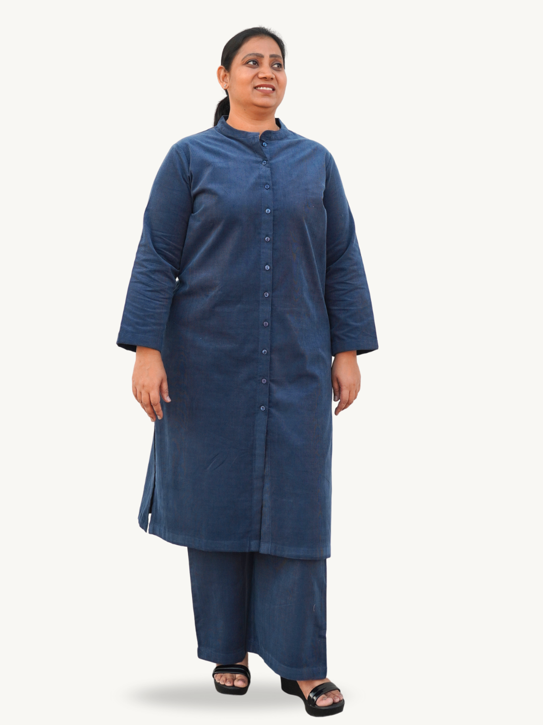 Kashmir Blue Corduroy Solid Straight-Fit Cotton Kurta Pant Co-ord Set