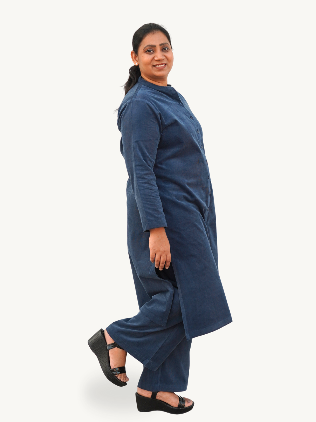 Kashmir Blue Corduroy Solid Straight-Fit Cotton Kurta Pant Co-ord Set