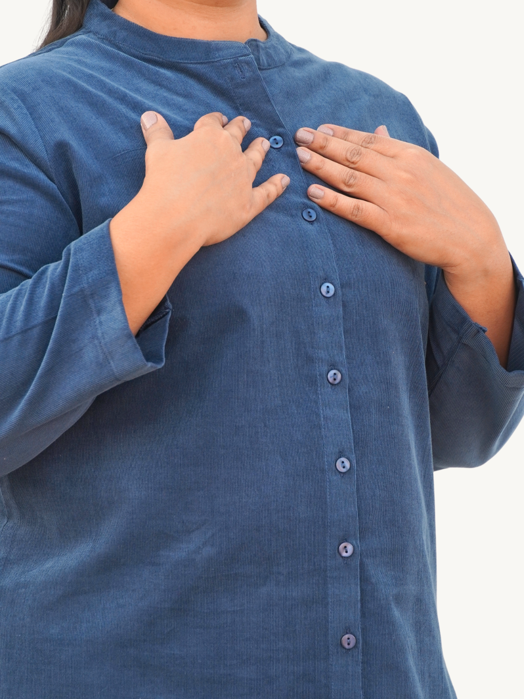 Kashmir Blue Corduroy Solid Straight-Fit Cotton Kurta Pant Co-ord Set