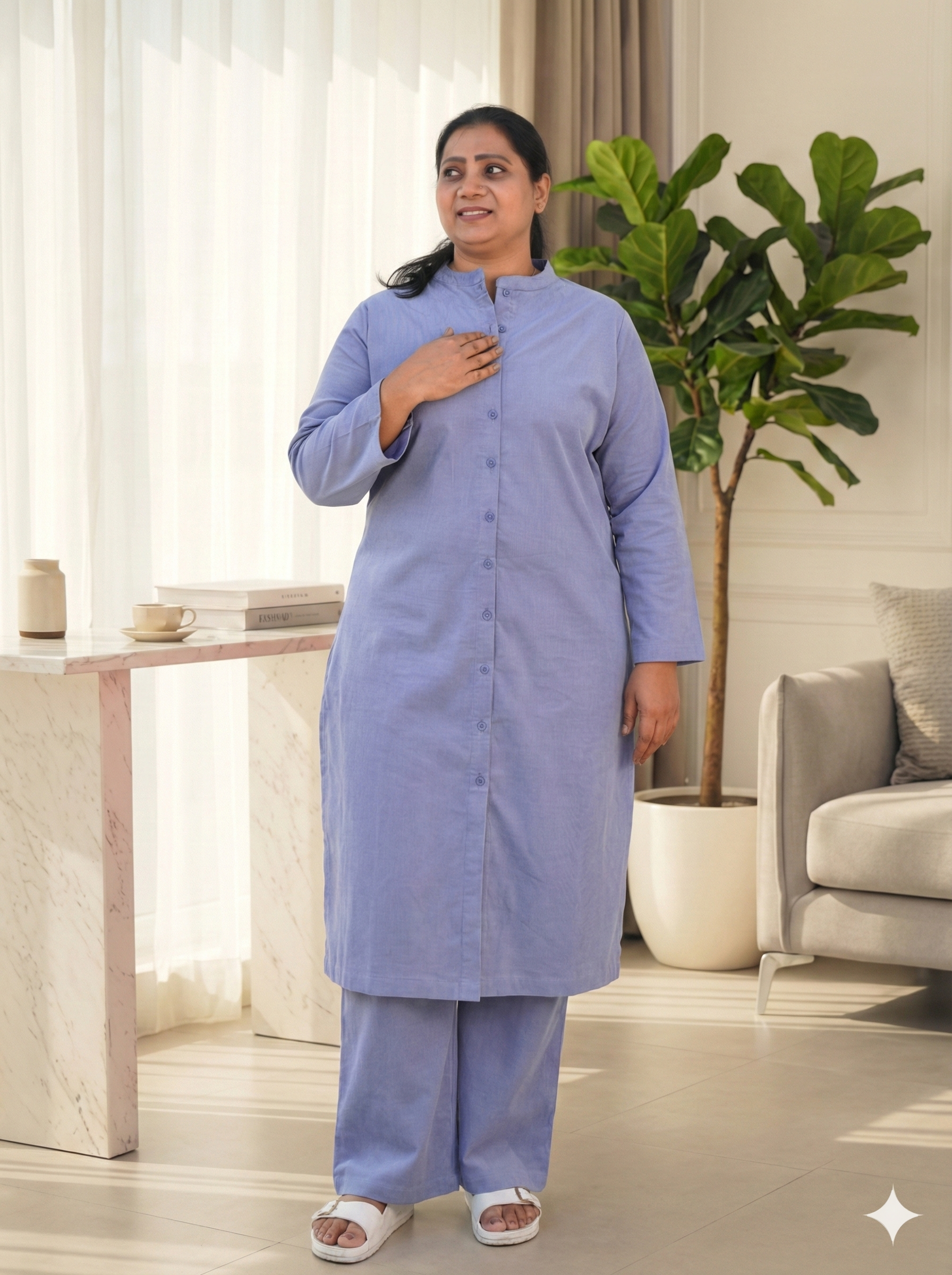 Lilac Blue Corduroy Solid Straight-Fit Cotton Kurta Pant Co-ord Set
