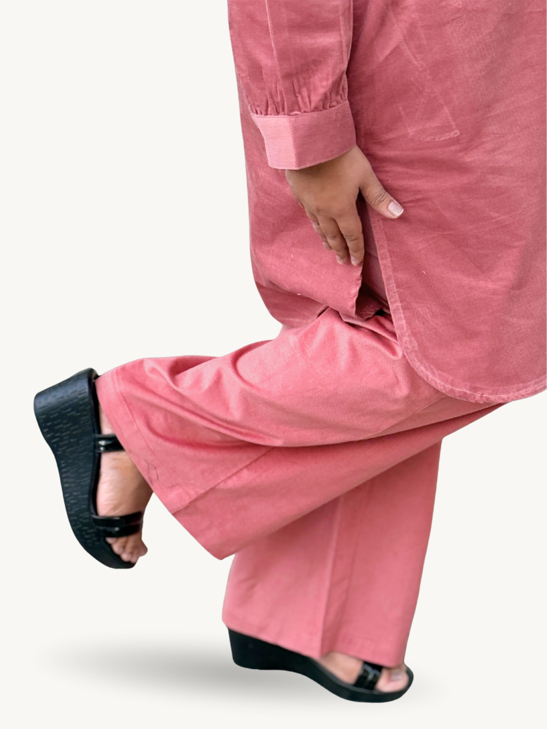 Sea Pink Corduroy Solid Cotton A-Line Kurta Pant Co-Ord Set