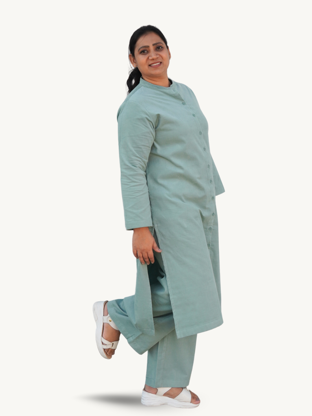 Shadow Green Corduroy Solid Straight-Fit Cotton Kurta Pant Co-ord Set