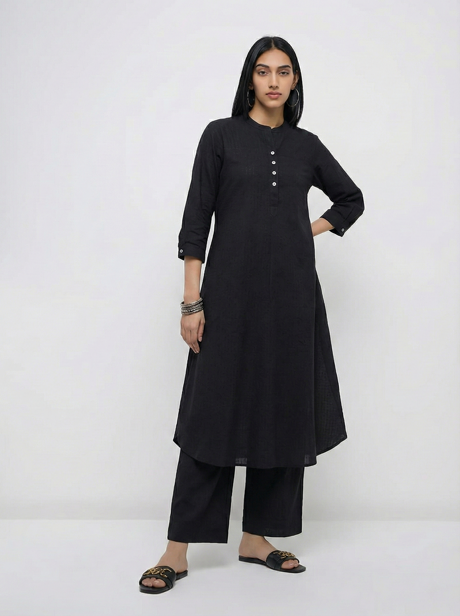 Black Dobby Striped Cotton A-Line Kurta Pant Co-Ord Set (Sukoon)