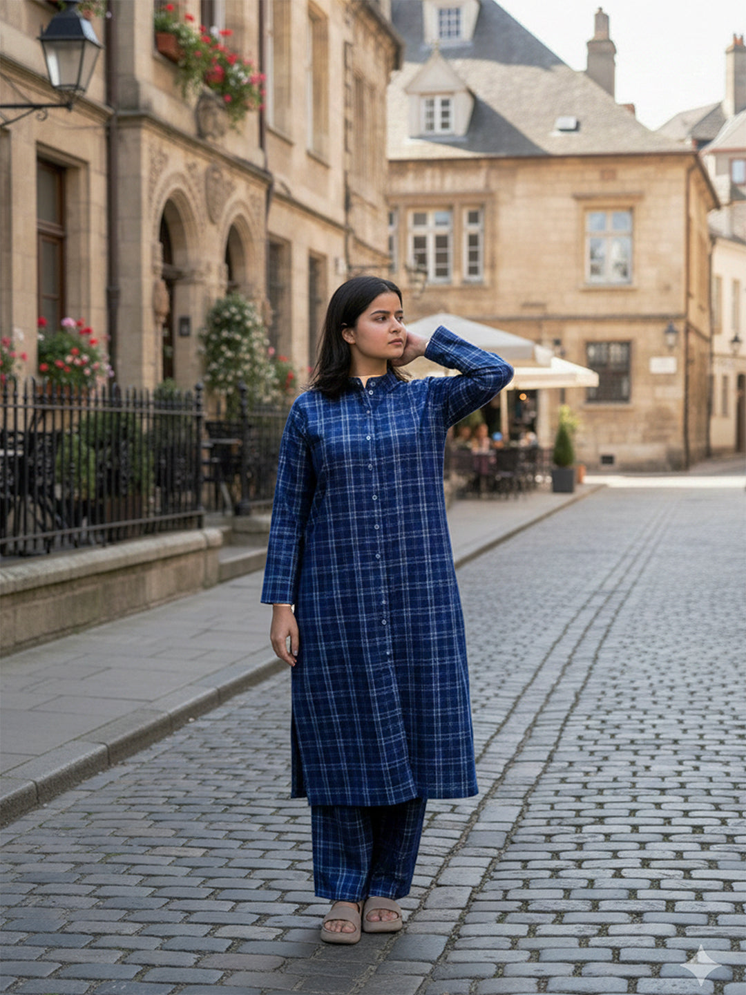 Hydrogen Blue  Corduroy Yarn-dyed Straight-Fit Cotton Kurta Pant Co-ord Set