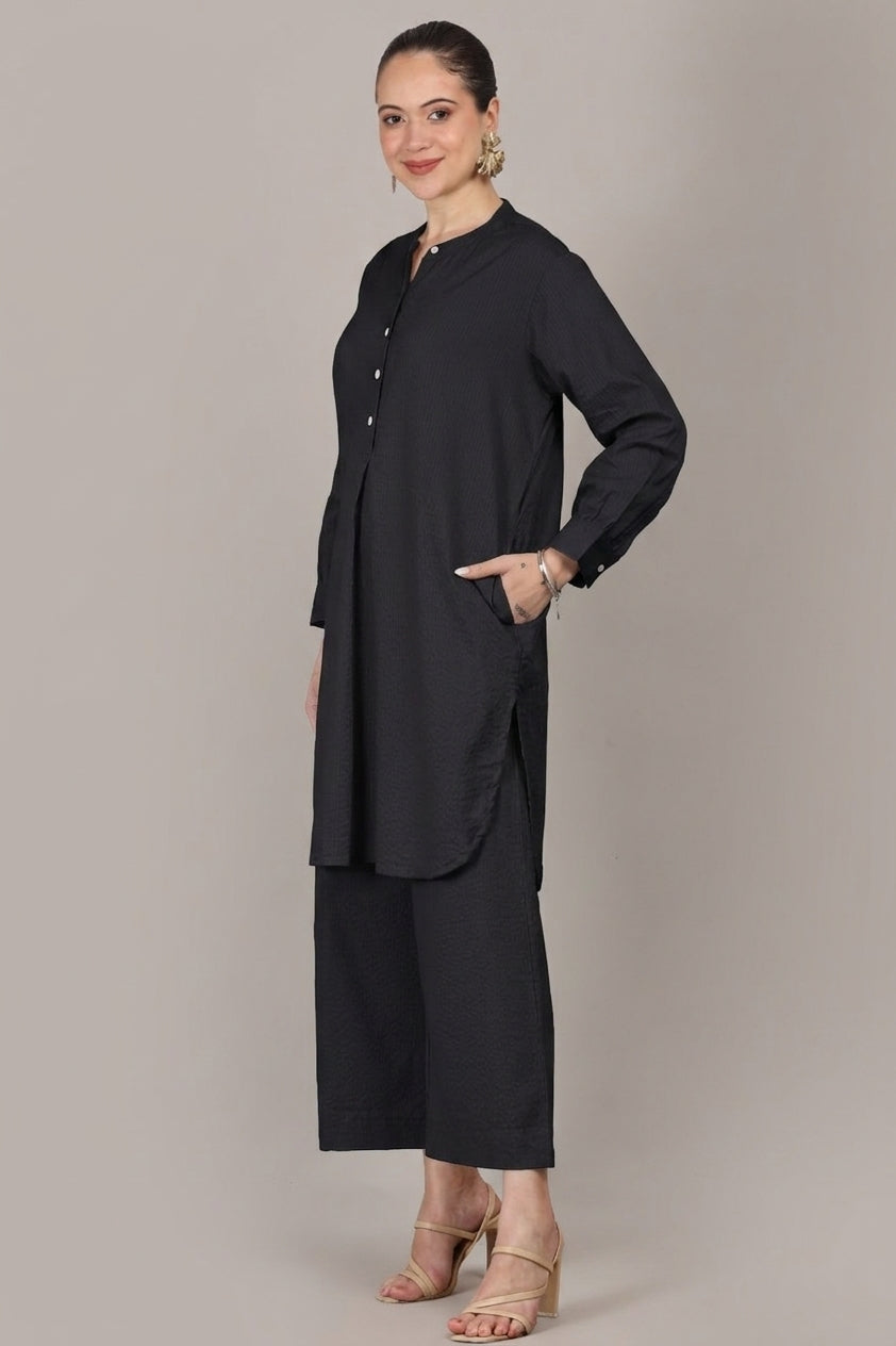 Black Seersucker Cotton A-Line Kurta Pant Co-Ord Set
