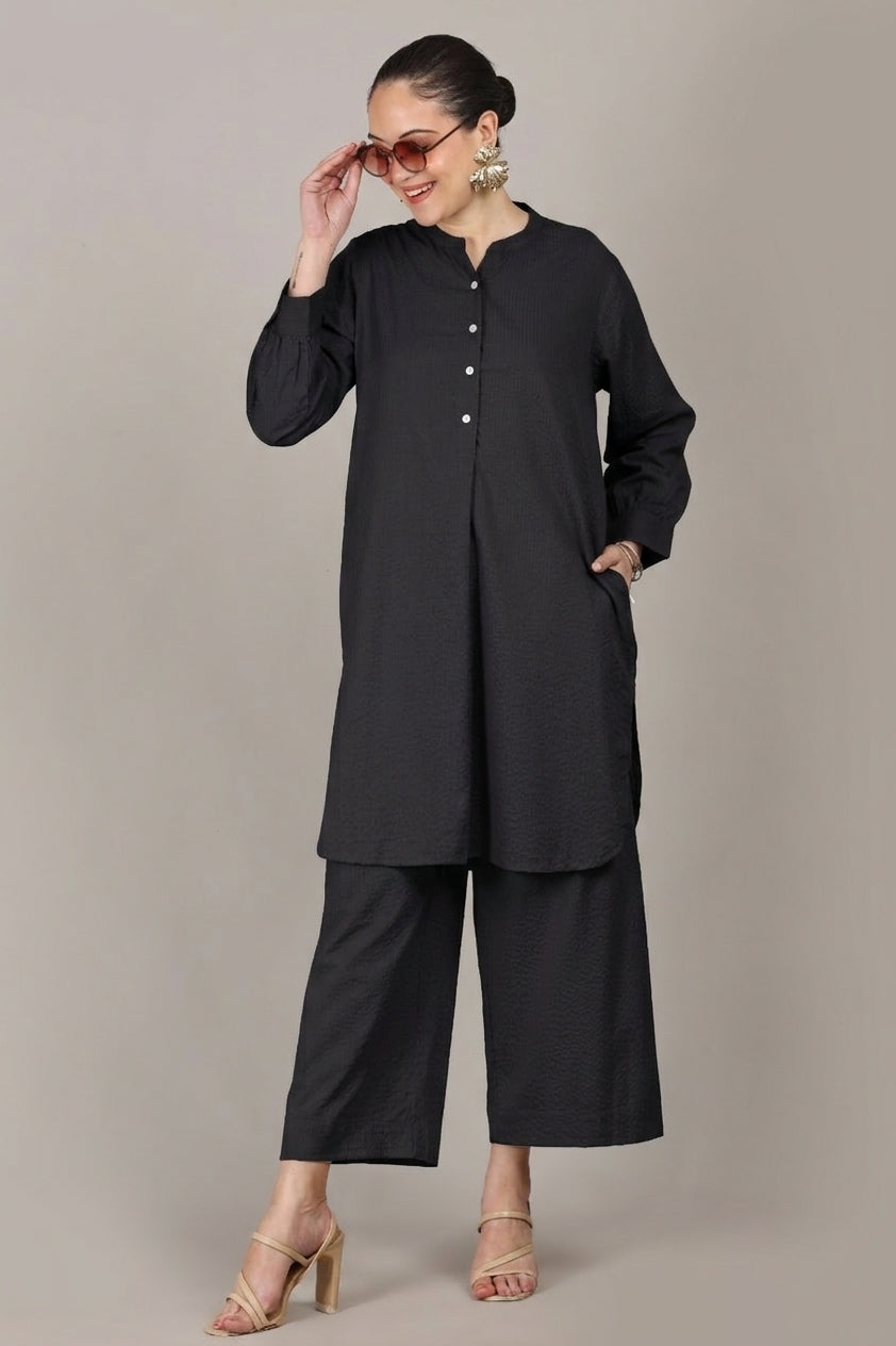 Black Seersucker Cotton A-Line Kurta Pant Co-Ord Set