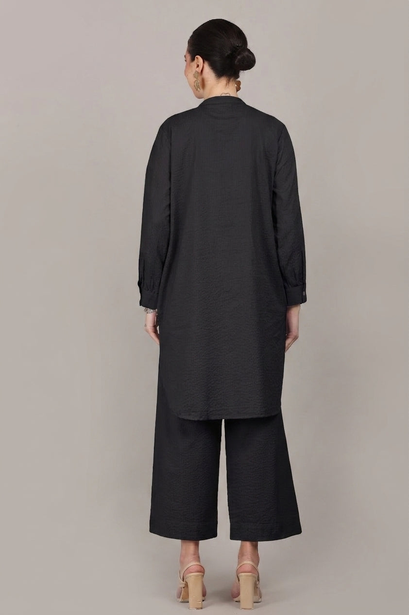 Black Seersucker Cotton A-Line Kurta Pant Co-Ord Set