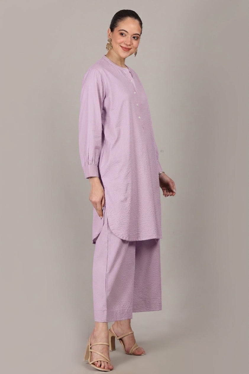 Lavender Seersucker Cotton A-Line Kurta Pant Co-Ord Set