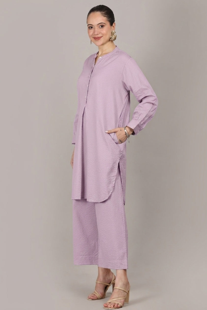 Lavender Seersucker Cotton A-Line Kurta Pant Co-Ord Set