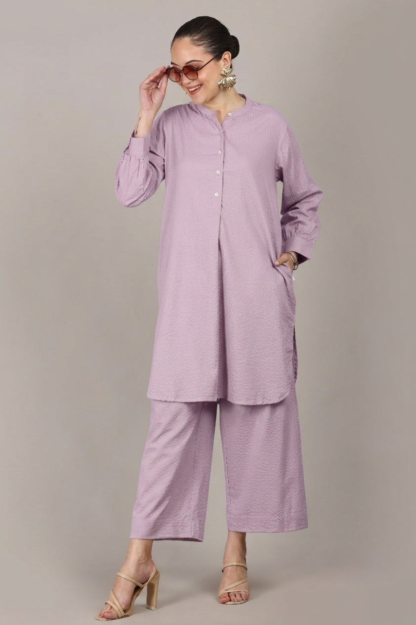 Lavender Seersucker Cotton A-Line Kurta Pant Co-Ord Set