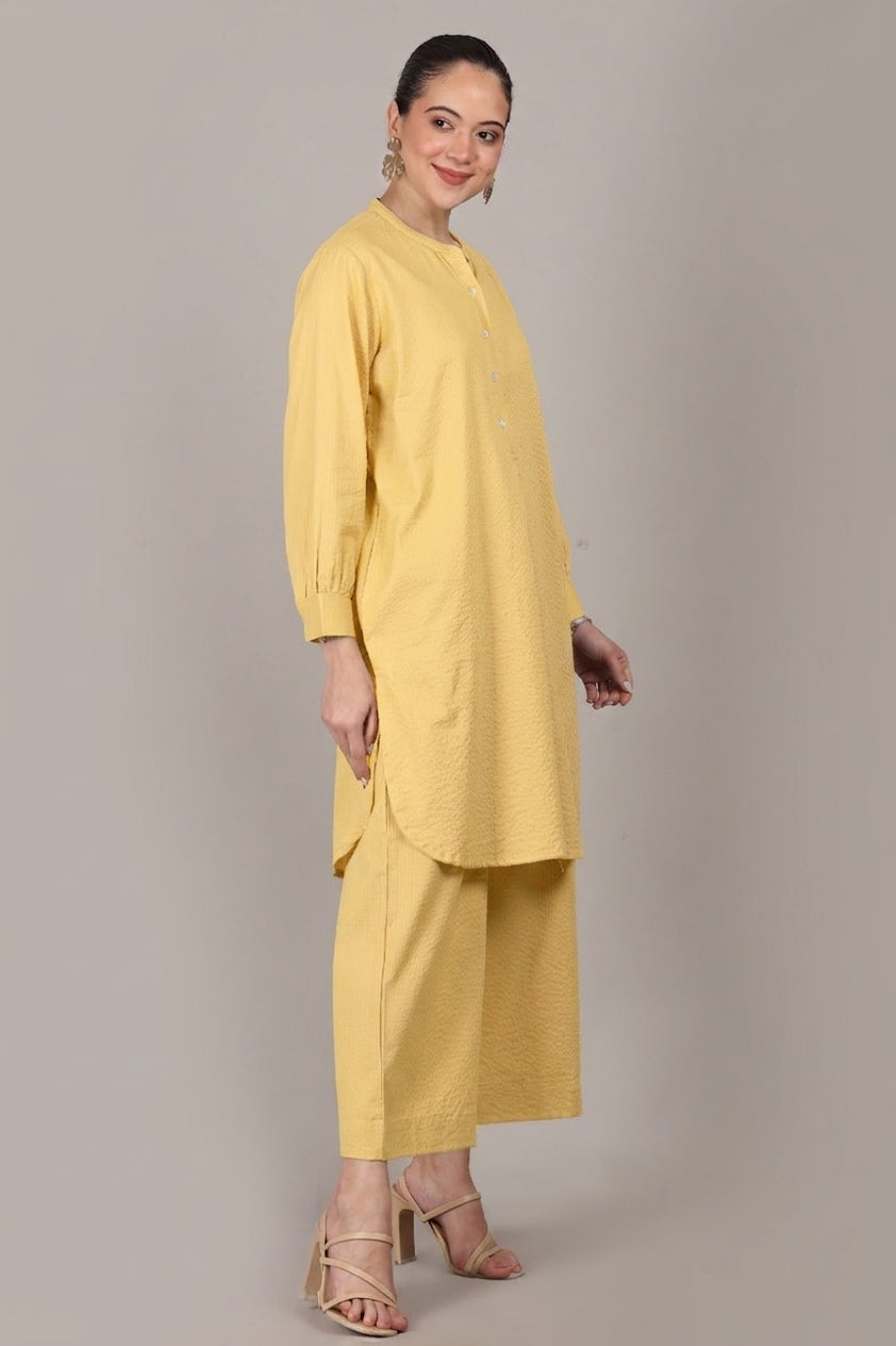 Lemon Yellow Seersucker Cotton A-Line Kurta Pant Co-Ord Set