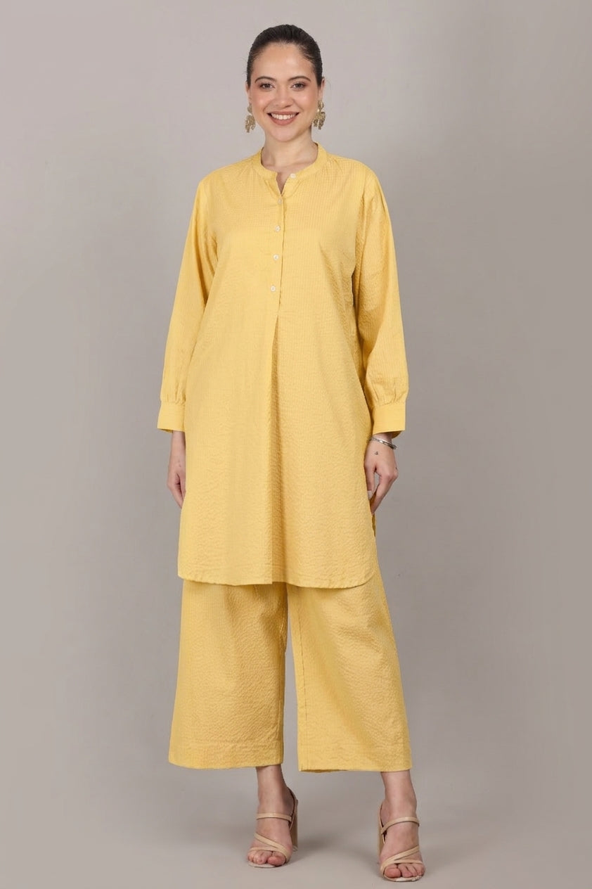 Lemon Yellow Seersucker Cotton A-Line Kurta Pant Co-Ord Set