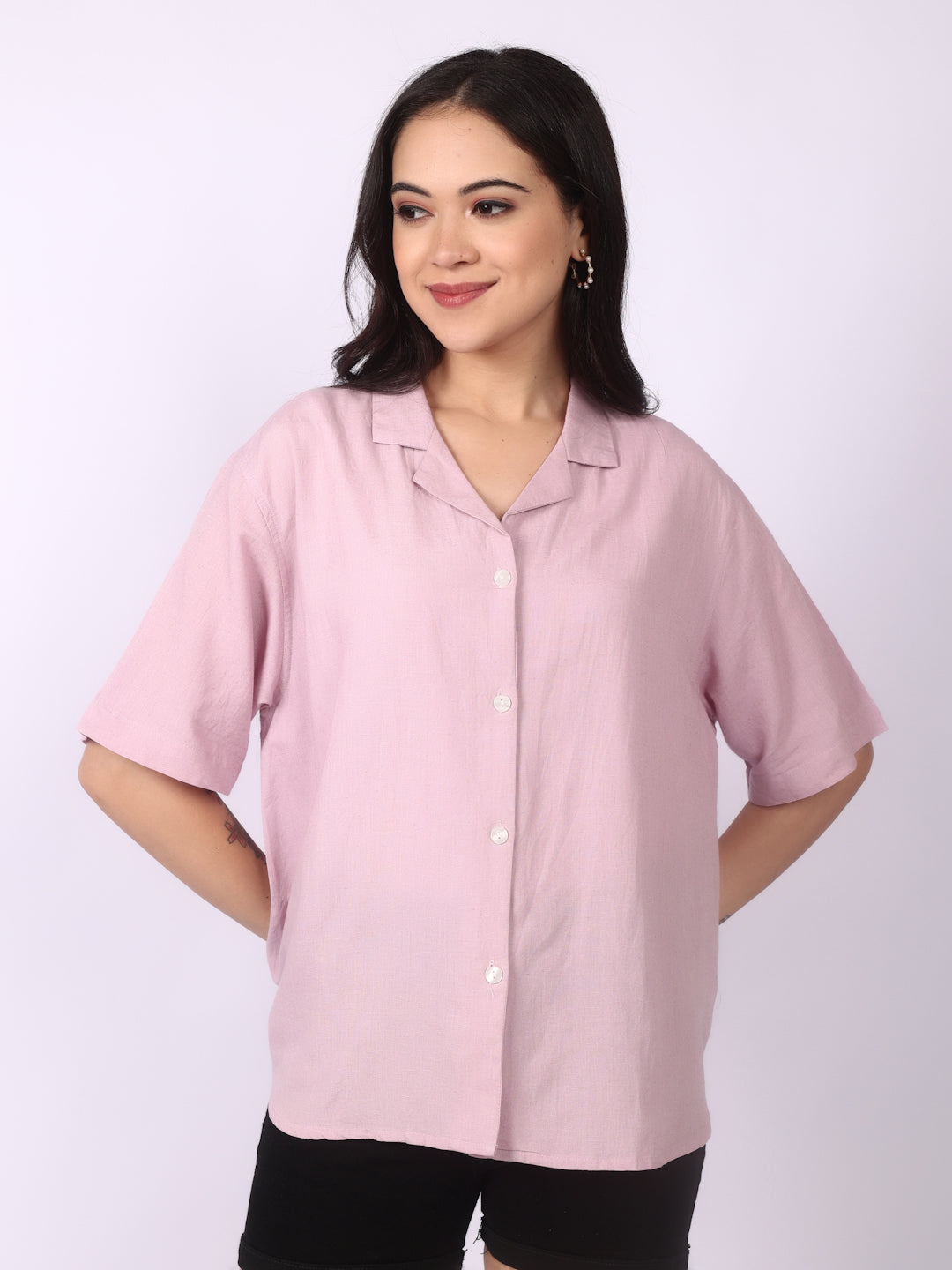 Lazy Pink Linen Blend Open Collar Shirt
