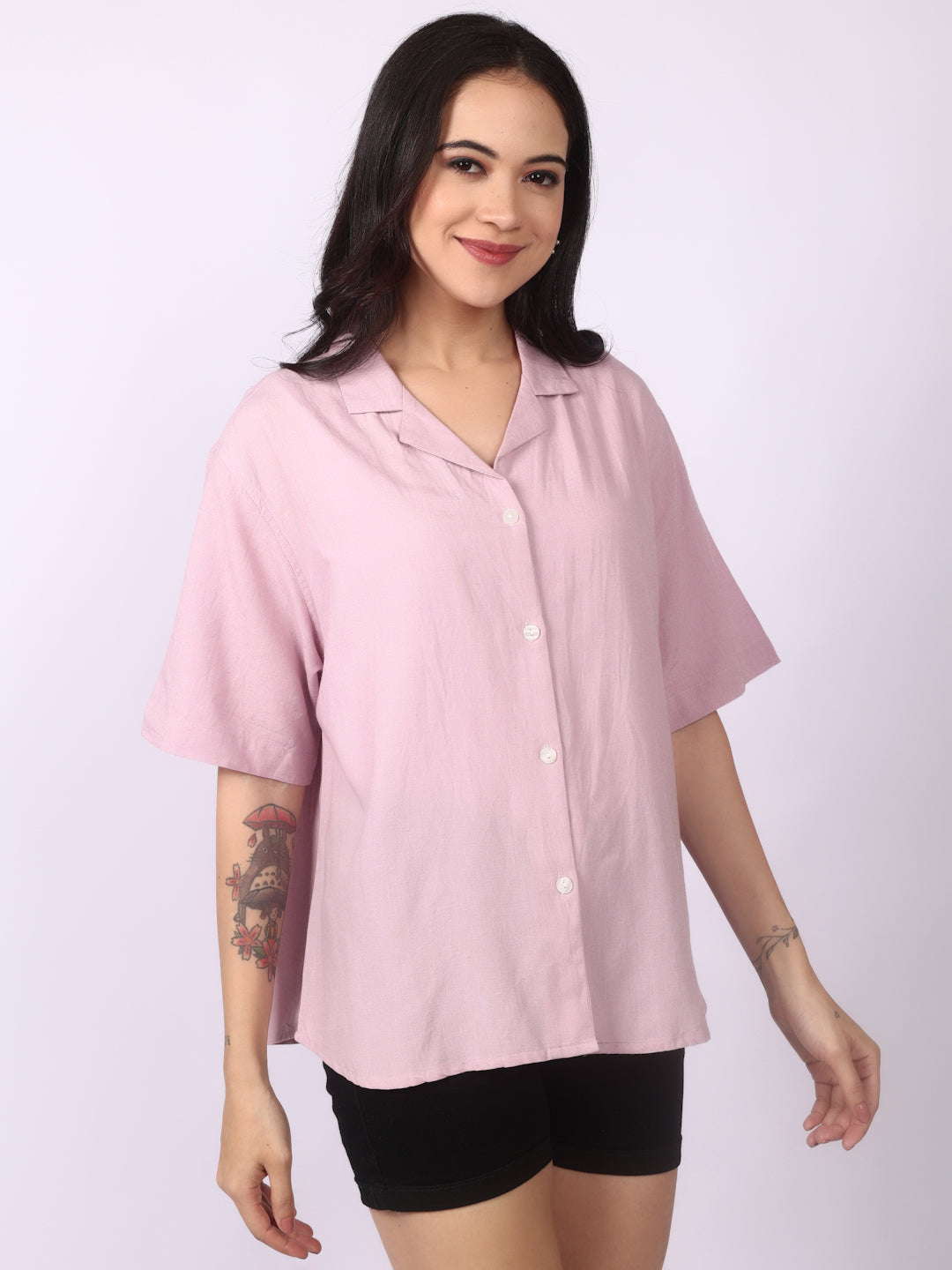 Lazy Pink Linen Blend Open Collar Shirt