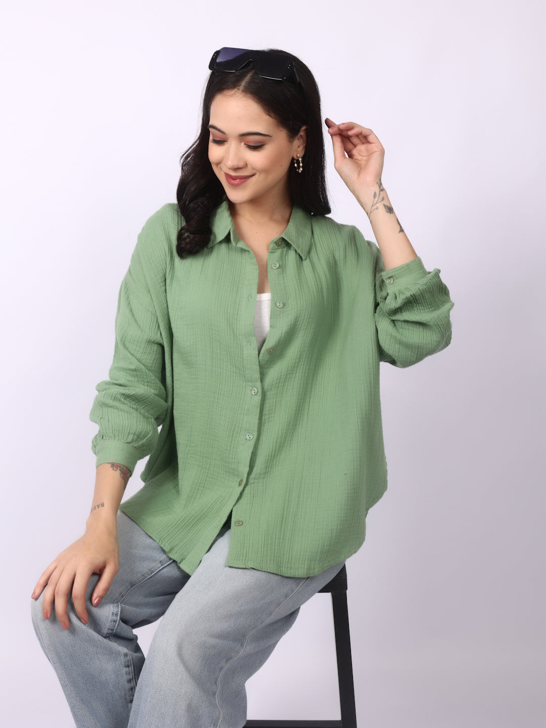 Laurel Green Crinkled Oversized Shirt