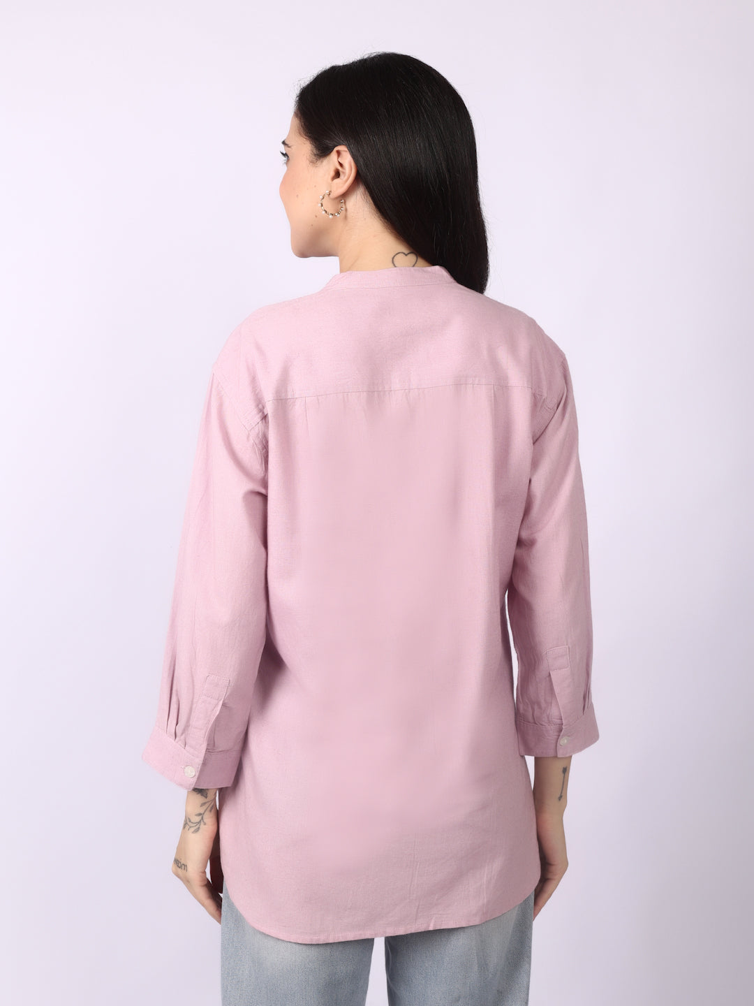 Lazy Pink Linen Blend Band Collar Shirt 3/4 Sleeve